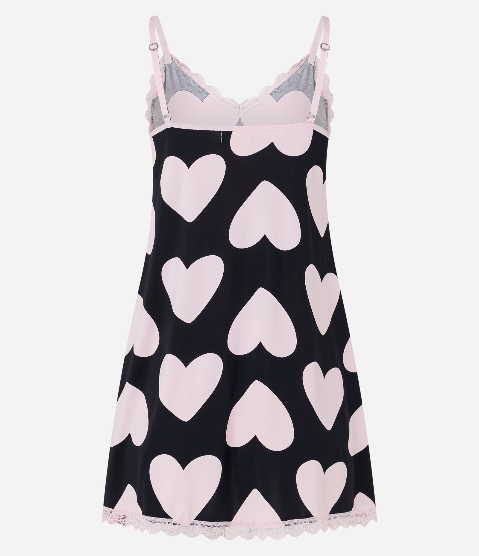 Camisola de Alça Fina Ajustável em Microfibra com Estampa de Coração e Renda Preto/Rosa 5