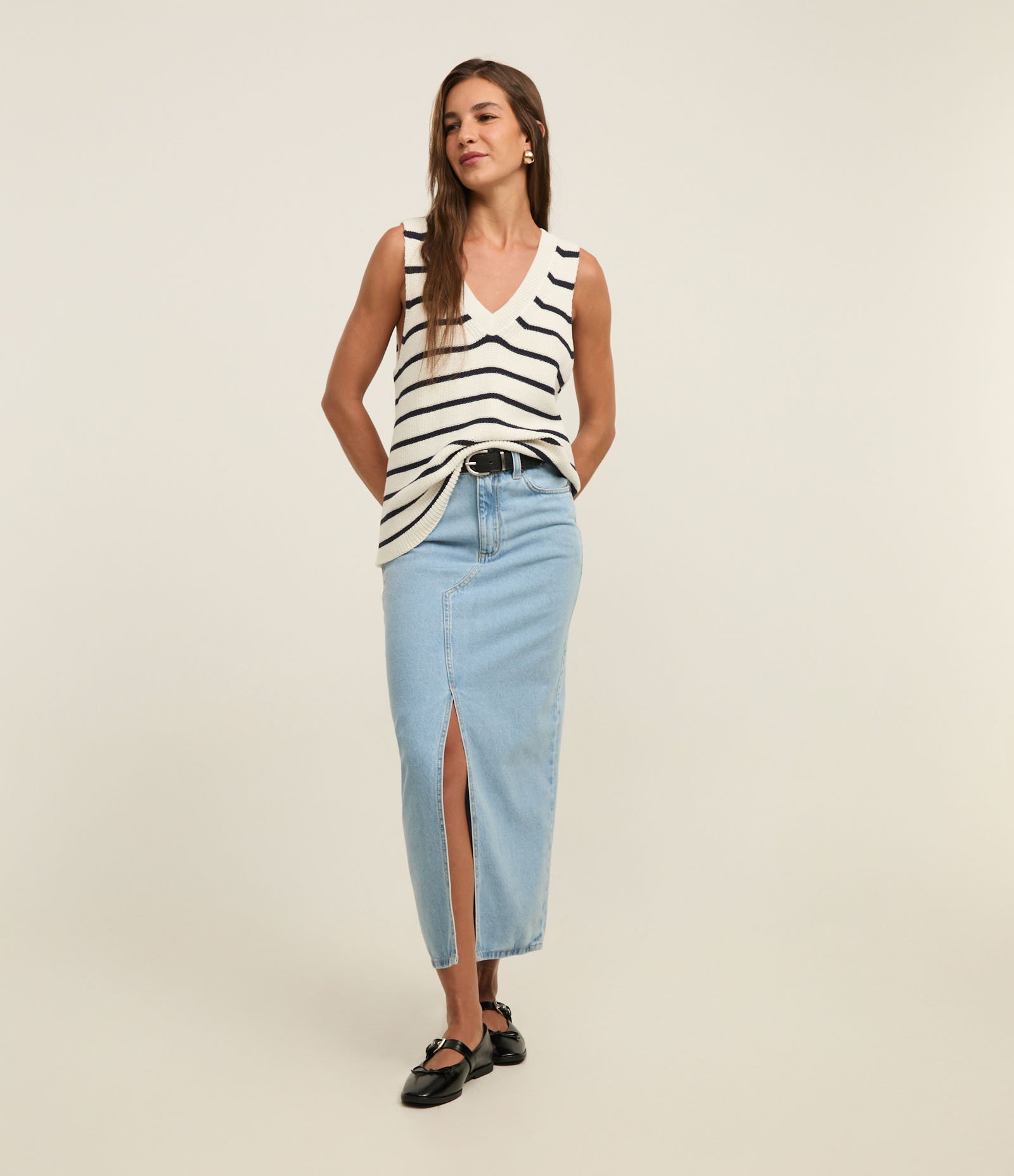 Saia New Midi Jeans com Fenda Frontal Azul Claro 1