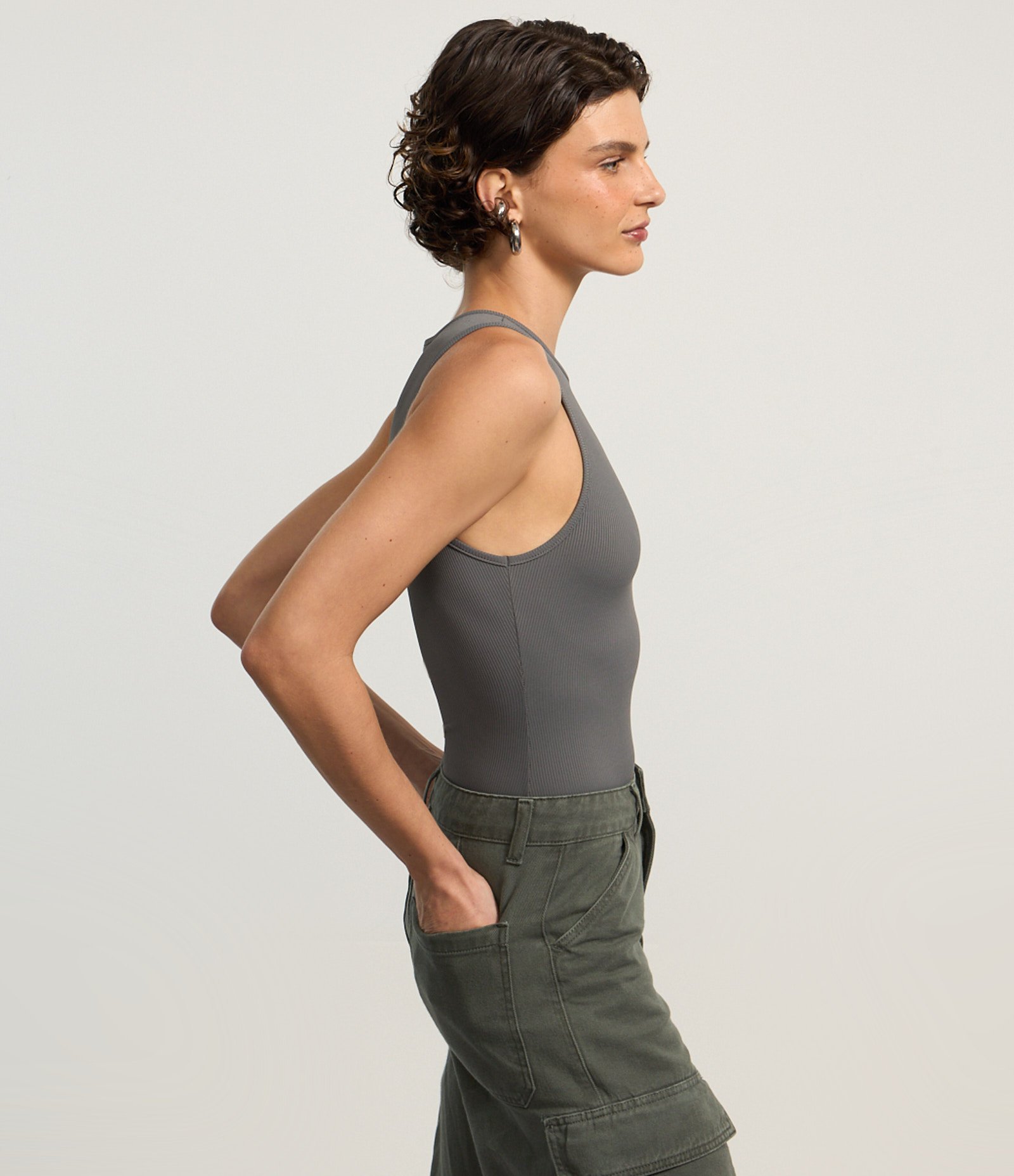 Body sem Manga em Ribana de Poliamida Cinza 4