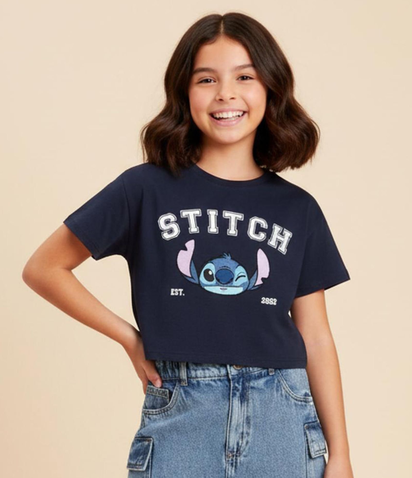 Camiseta Curta Infantil com Bordado do Stitch - Tam 5 a 14 Anos Azul 1