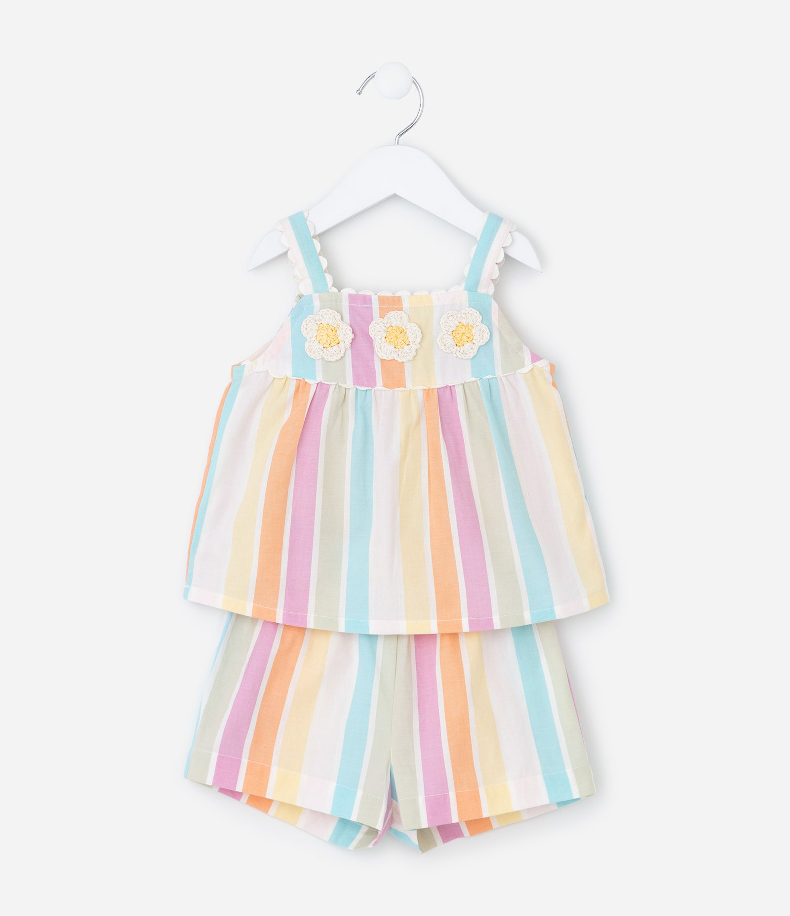 Conjunto Infantil de Listras com Aplicações de Crochê na Blusa - Tam 1 a 5 Anos Multicores 2