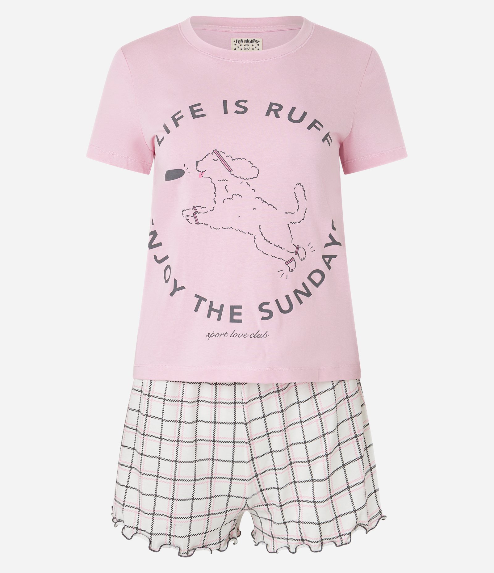 Pijama Short Doll em Algodão com Estampa Doguinho e Short Xadrez Rosa 4