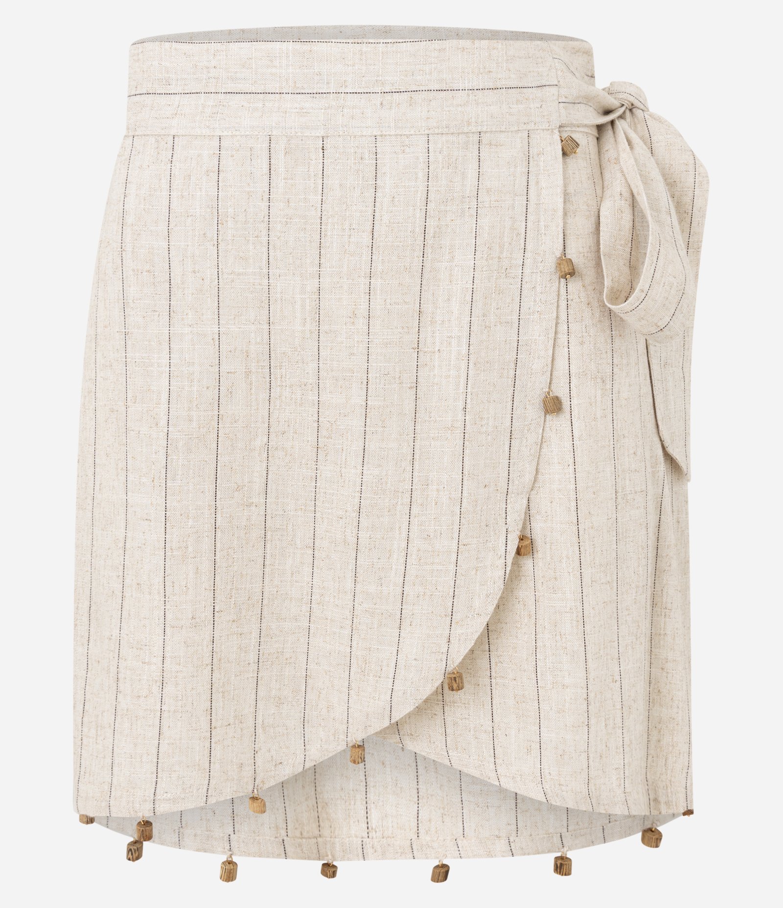 Saída de Praia Saia Transpassada com Linho e Miçangas de Madeira Bege 5