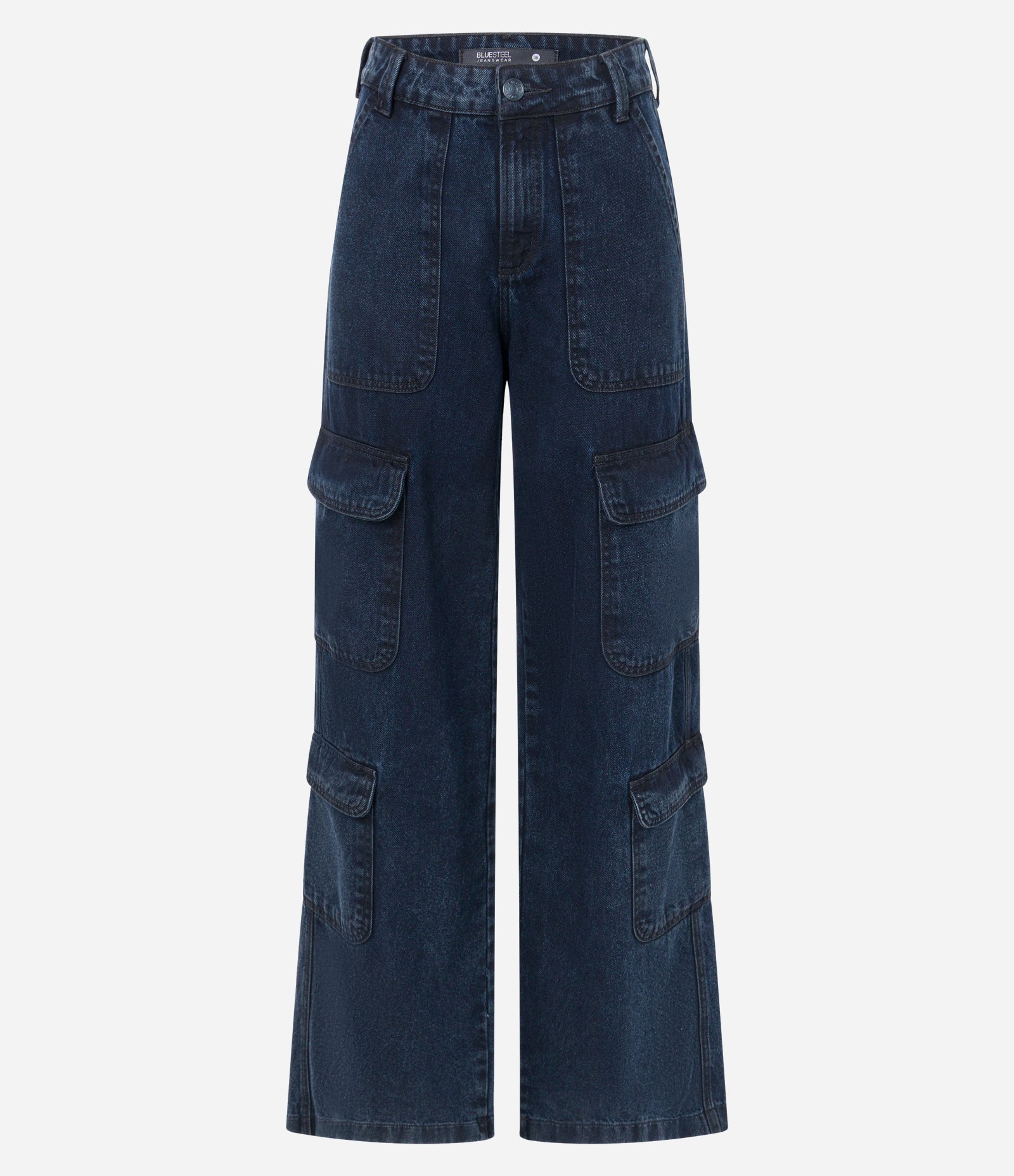 Calça Wide Leg em Jeans com Bolsos Carpinteiro e Cargo Azul 7