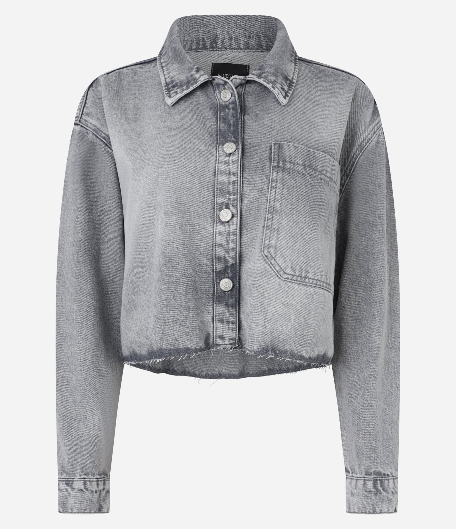Camisa Cropped em Jeans com Barra a Fio e Bolso Deslocado Cinza 1