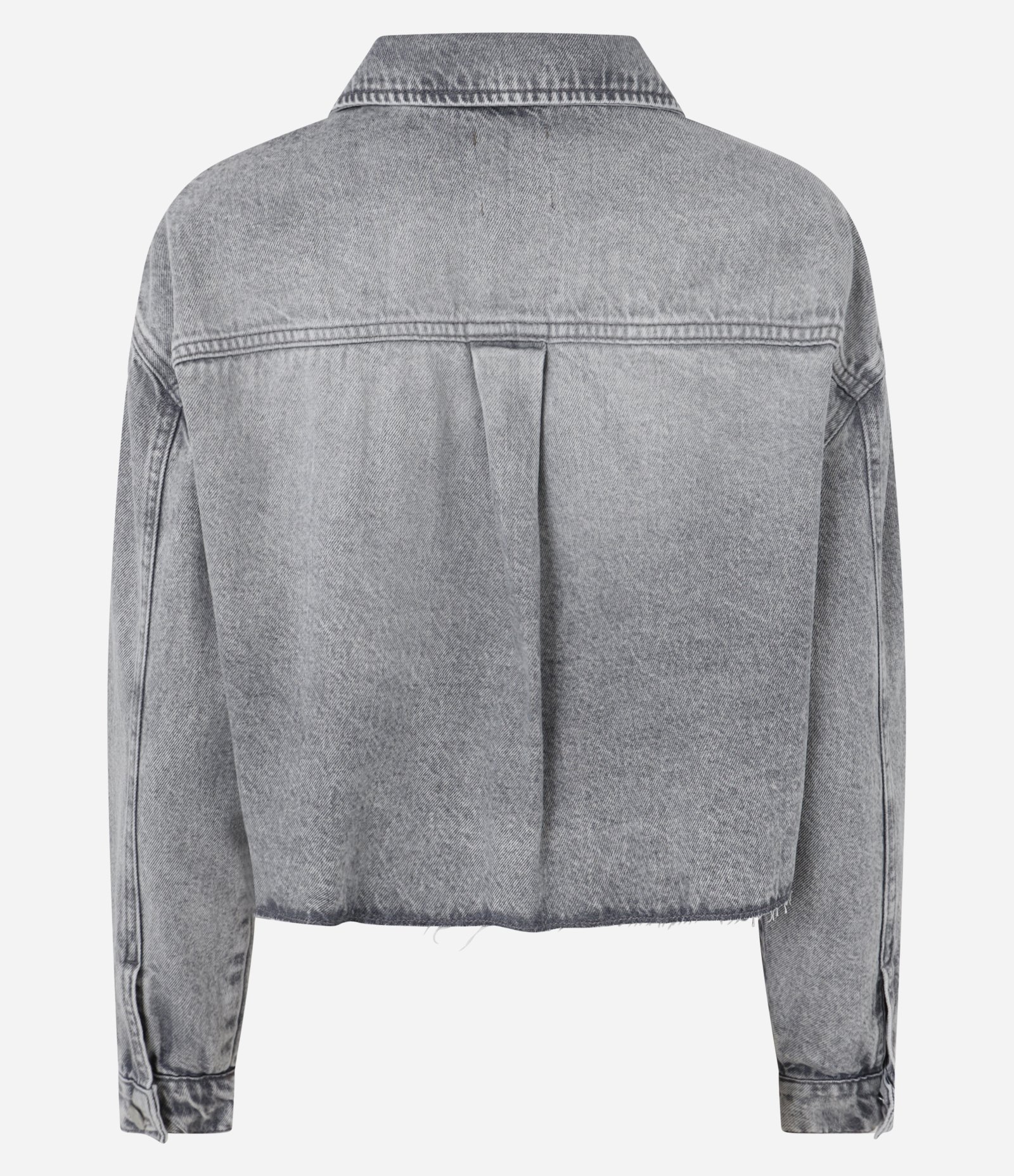 Camisa Cropped em Jeans com Barra a Fio e Bolso Deslocado Cinza 2