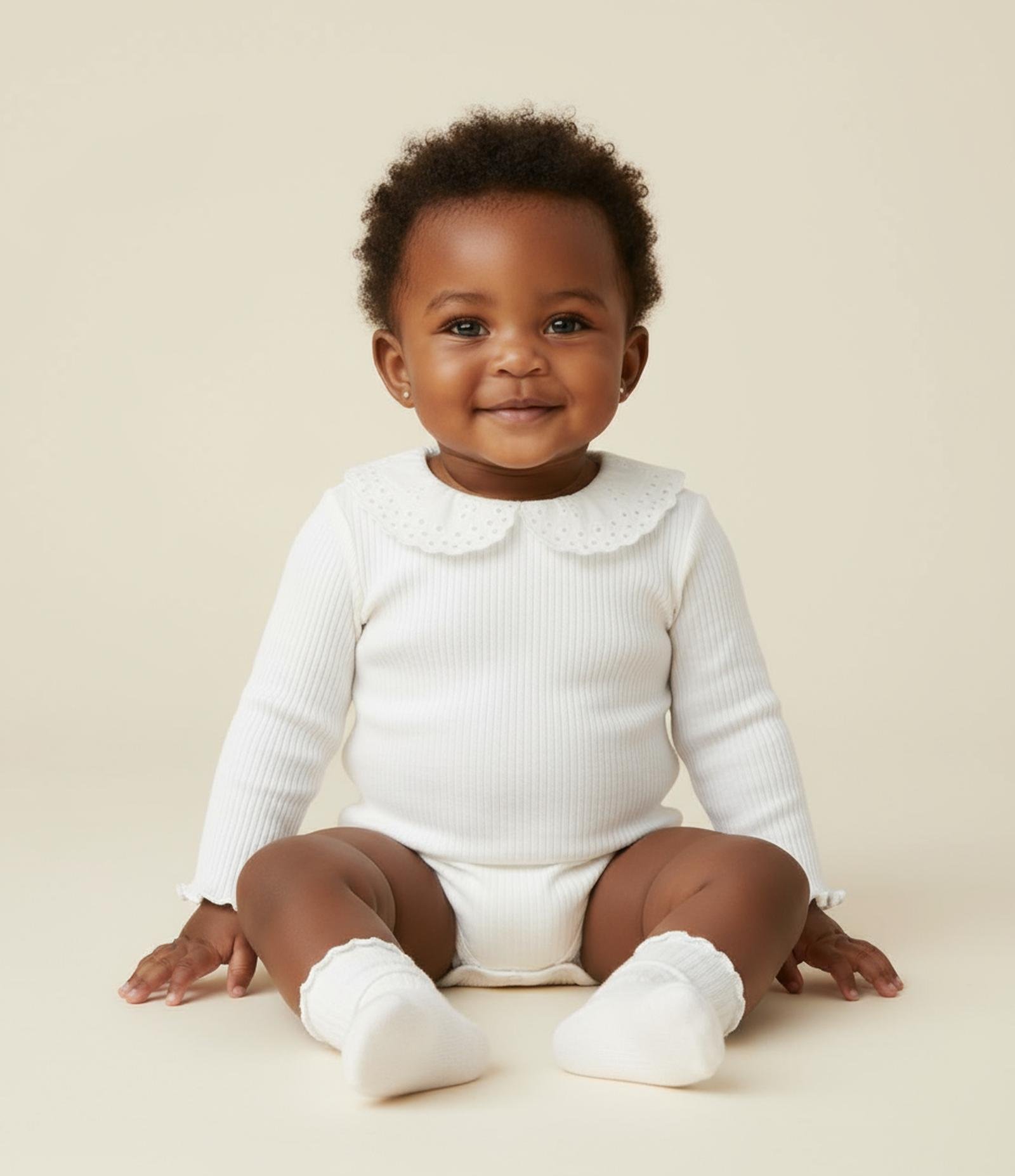 Body Infantil Canelado com Gola Boneca em Broderie - Tam 0 a 18 meses Branco 1