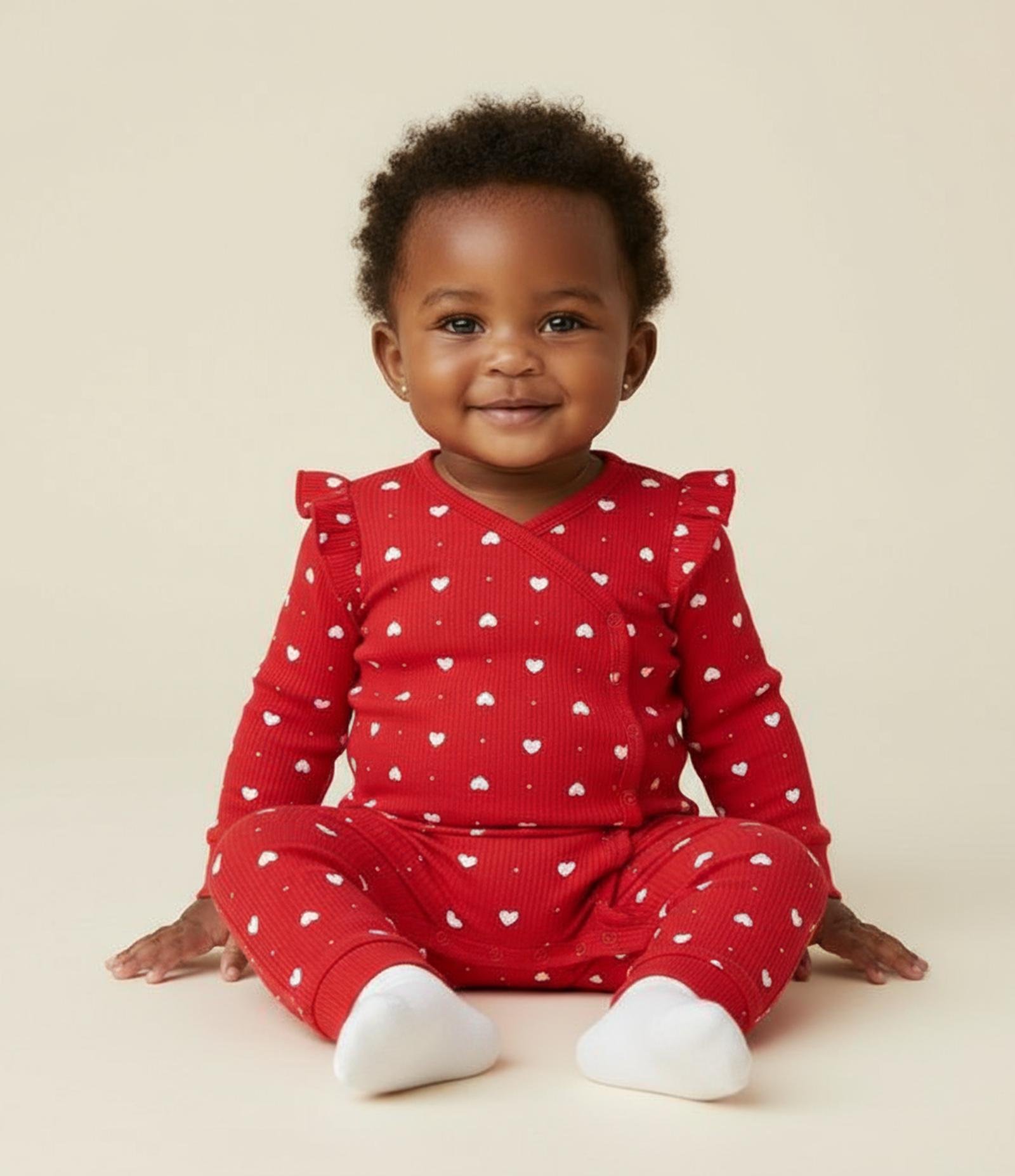 Macacão Infantil com Estampa de Corações e Canelado - Tam RN a 18 Meses Vermelho 1