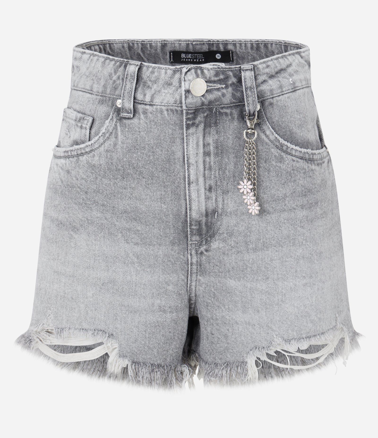 Short Slim em Jeans com Cintura Alta e Pingente de Florzinhas Cinza 5