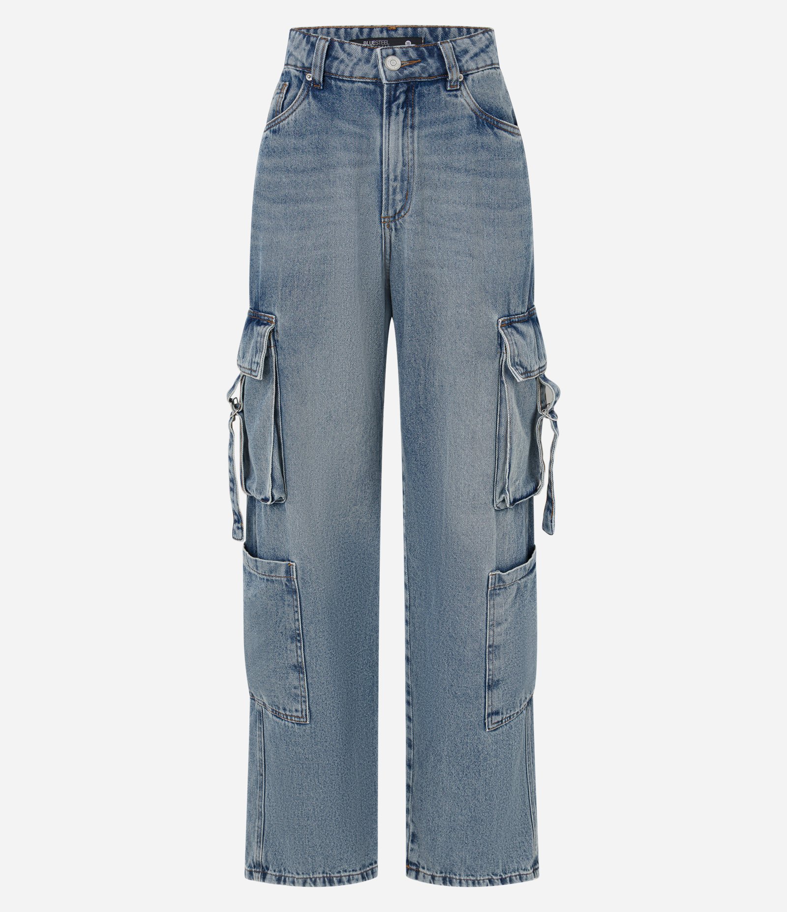 Calça Reta em Jeans com Bolsos Cargo Azul 5