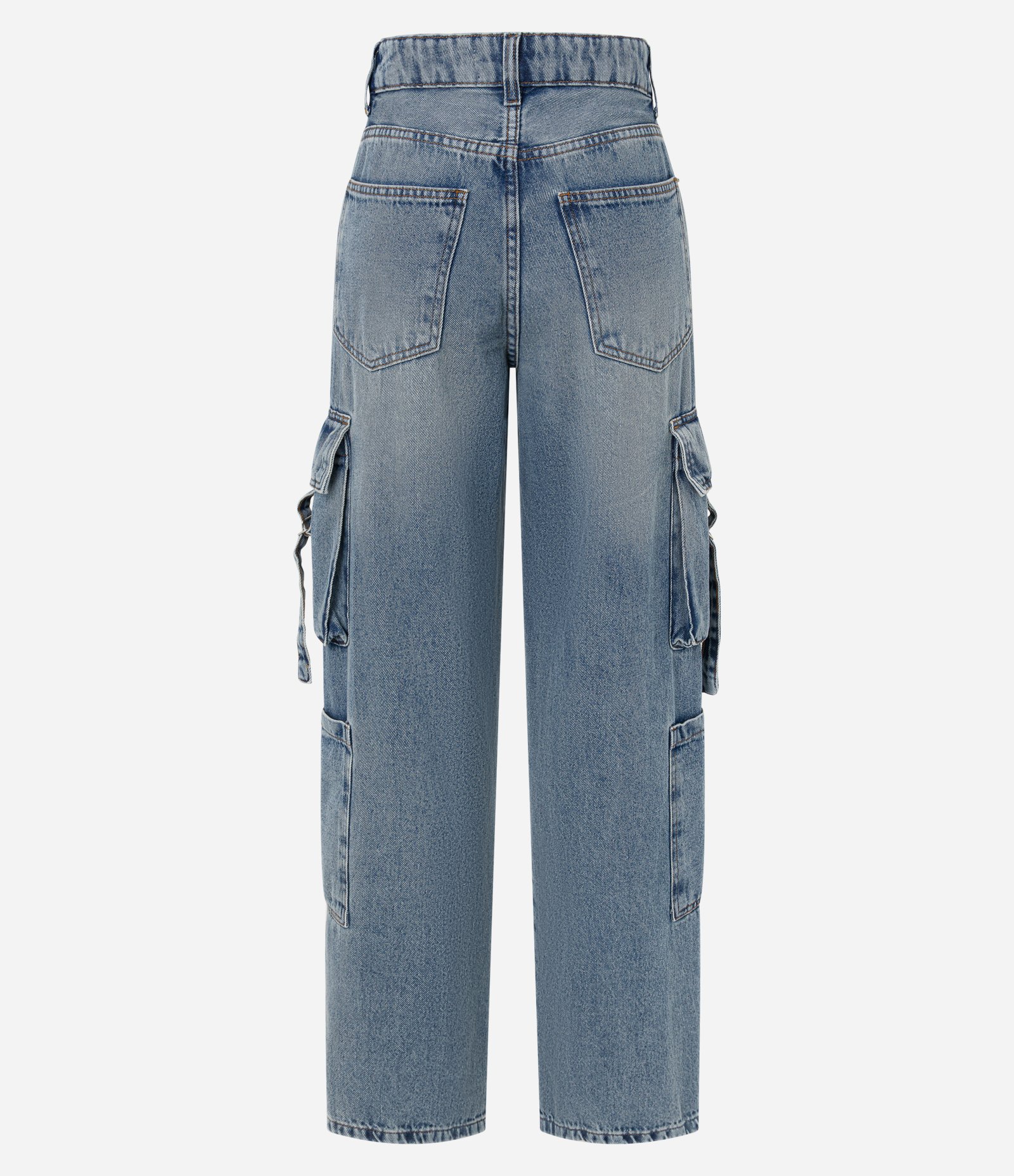 Calça Reta em Jeans com Bolsos Cargo Azul 6
