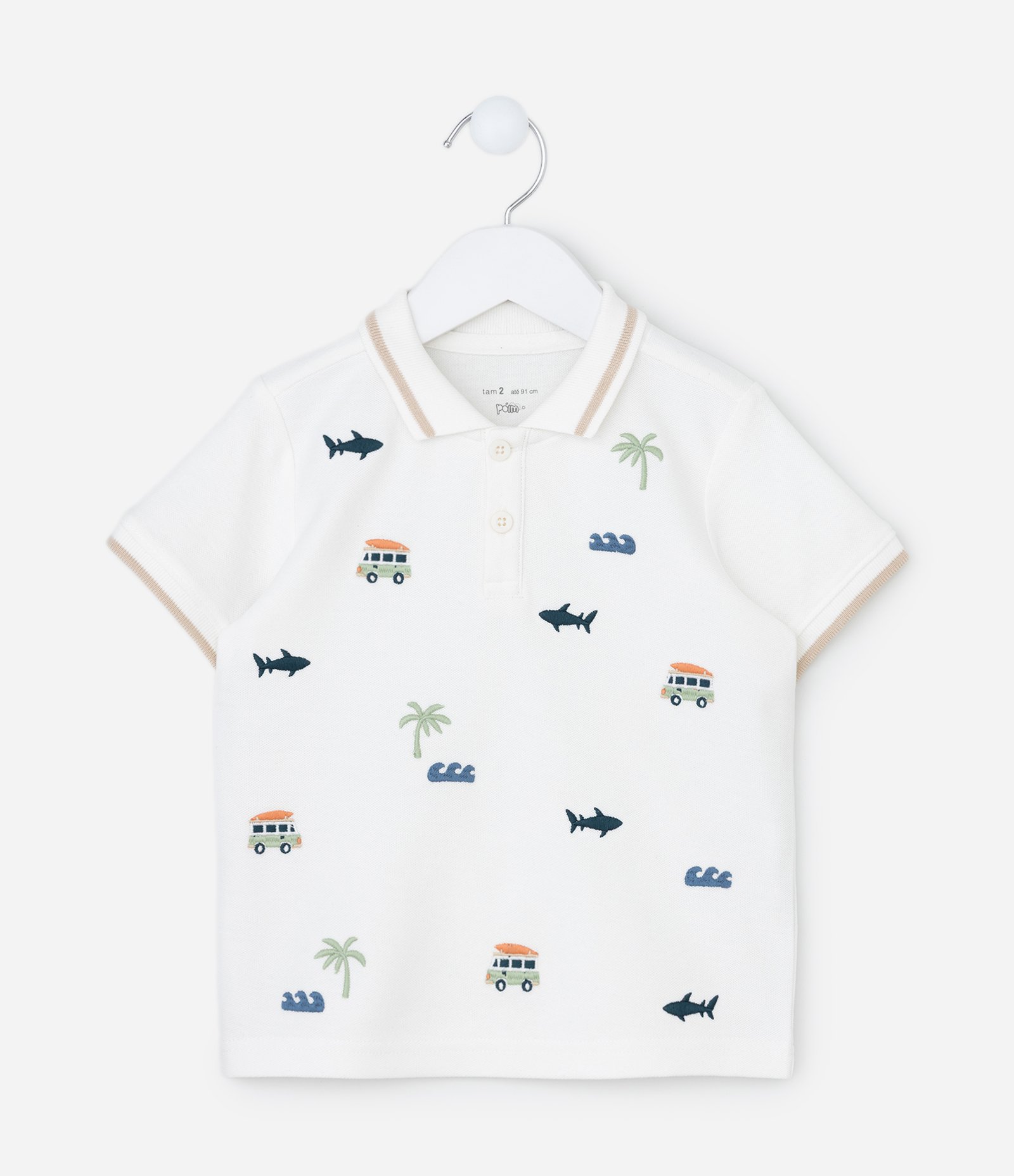 Camisa Polo Infantil com Estampa Bordada - Tam 1 A 5 Anos Branco 2