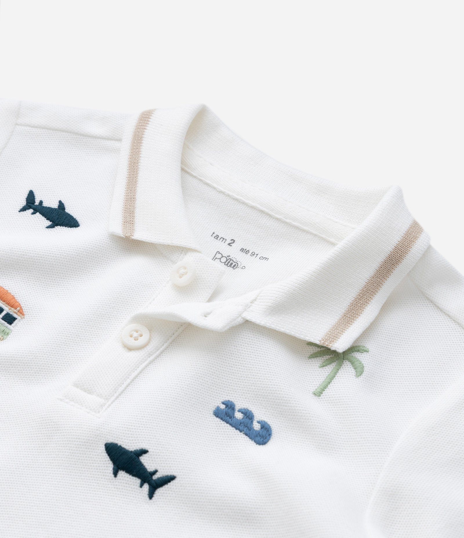 Camisa Polo Infantil com Estampa Bordada - Tam 1 A 5 Anos Branco 6