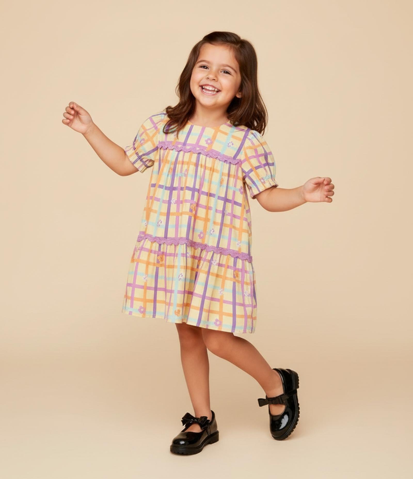 Vestido Infantil em Viscose com Estampa Xadrez - Tam1 a 6 Anos Multicores 1