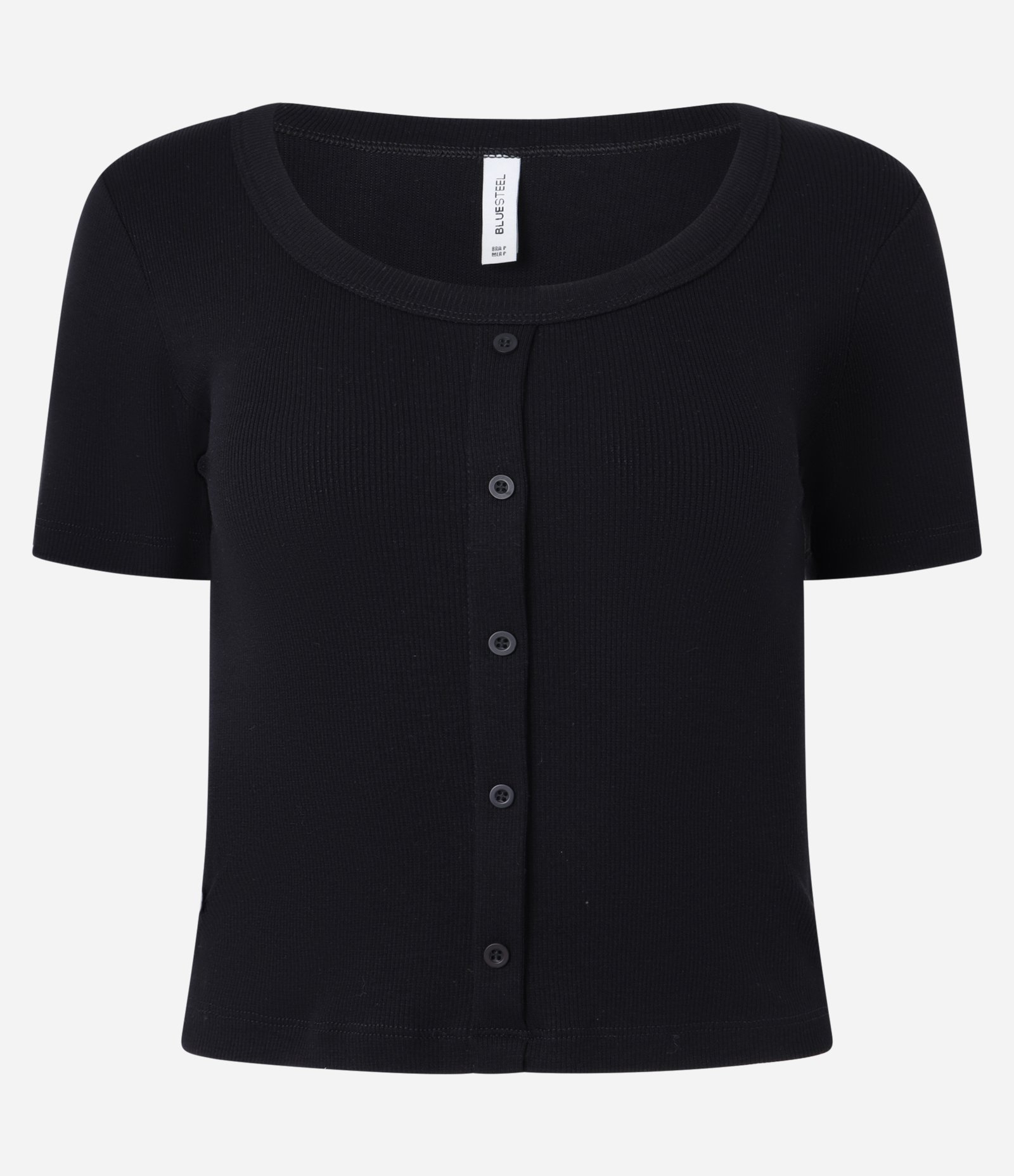 Blusa Cropped em Ribana com Decote Redondo e Botões Preto 3