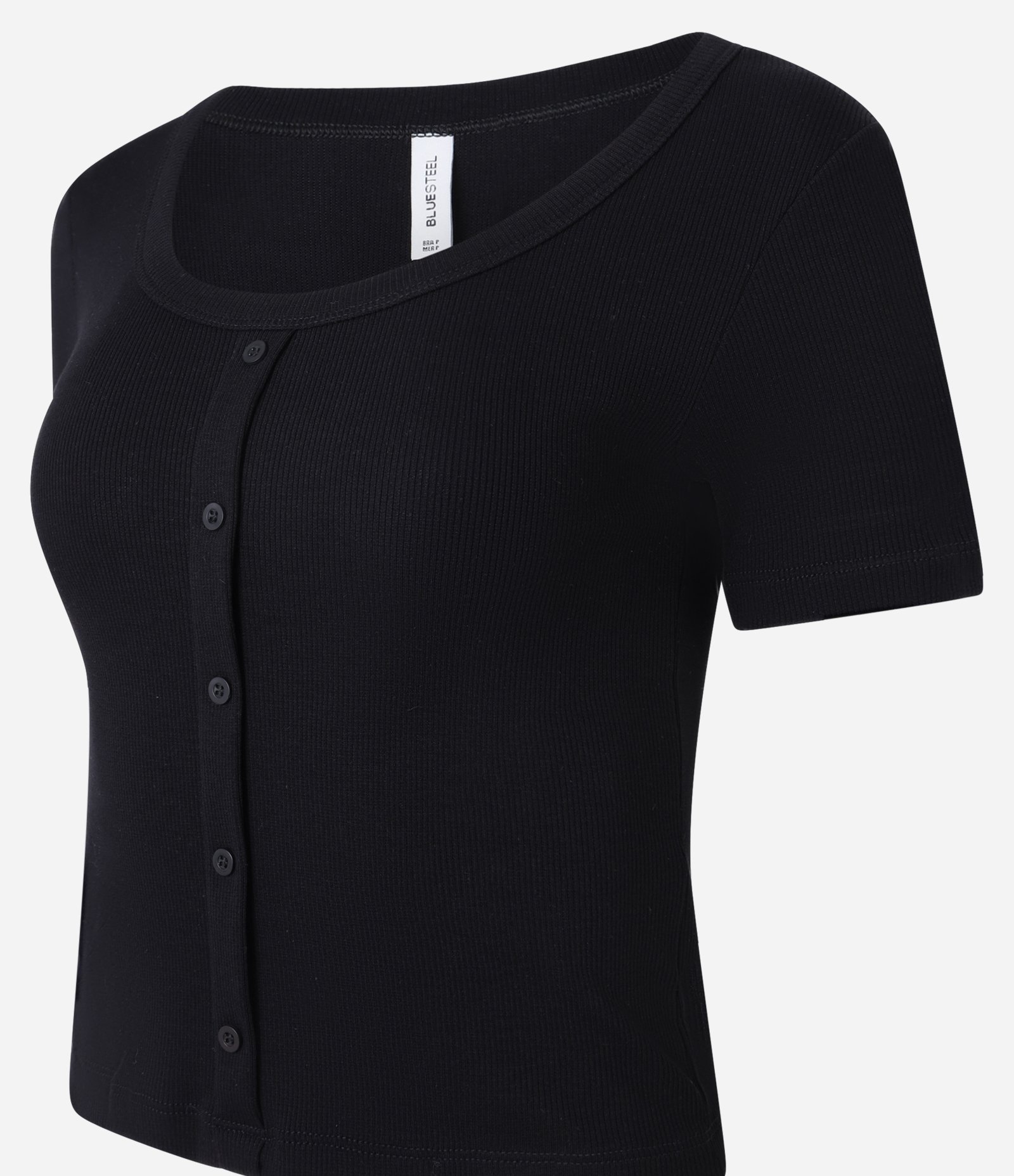 Blusa Cropped em Ribana com Decote Redondo e Botões Preto 4