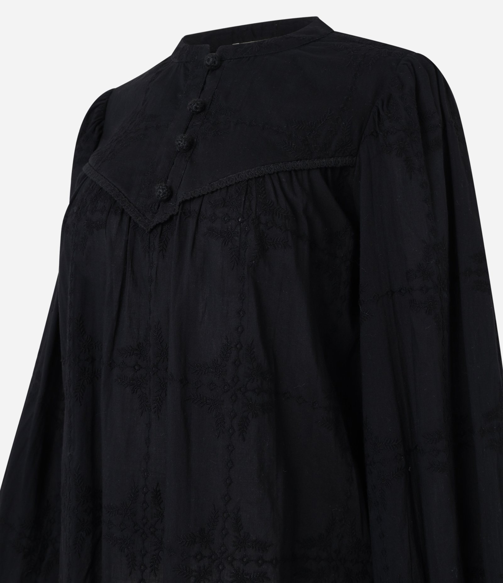 Blusa Bata Boho em Voal com Gola Padre e Recorte no Busto Preto 7