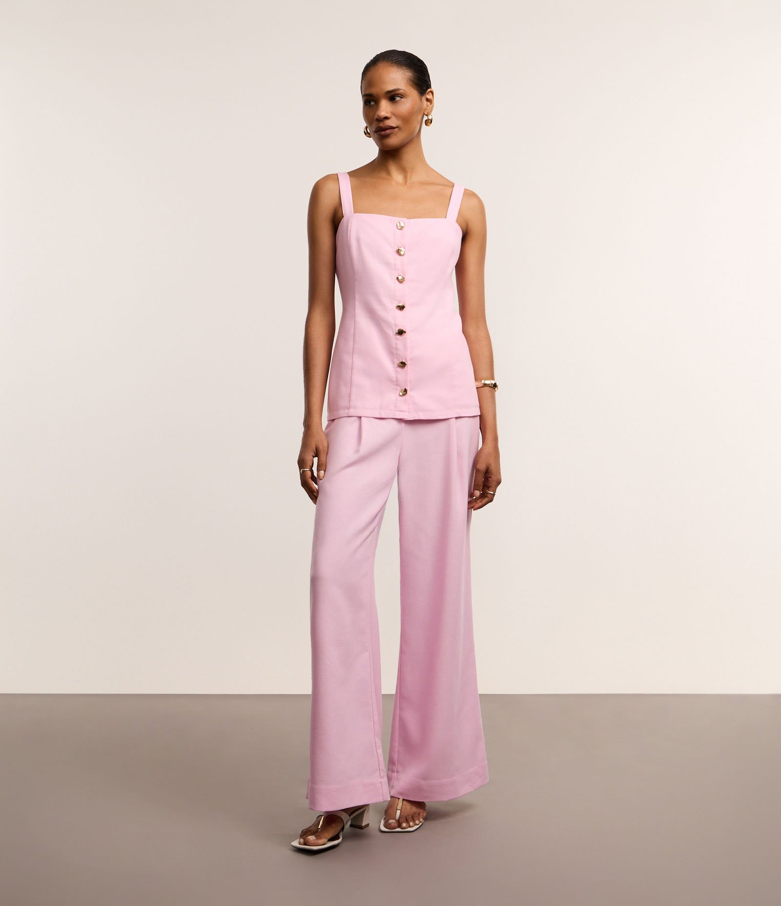 Calça Pantalona Cintura Alta com Linho e Pregas Rosa 1