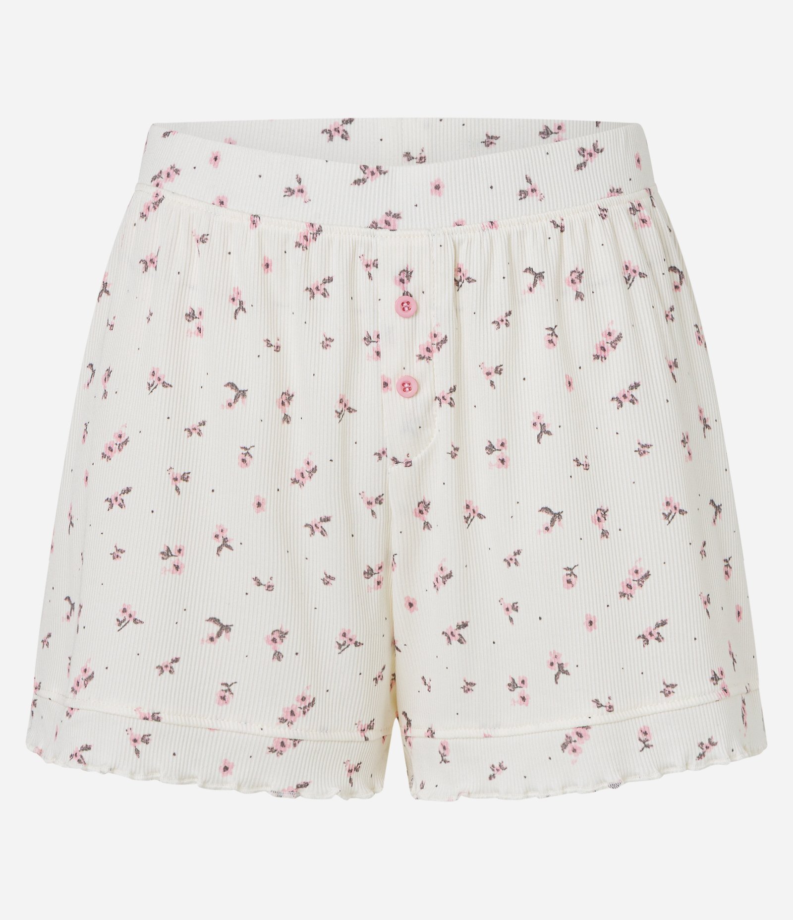 Short de Pijama em Ribana com Estampa Floral e Frufru Off White 5