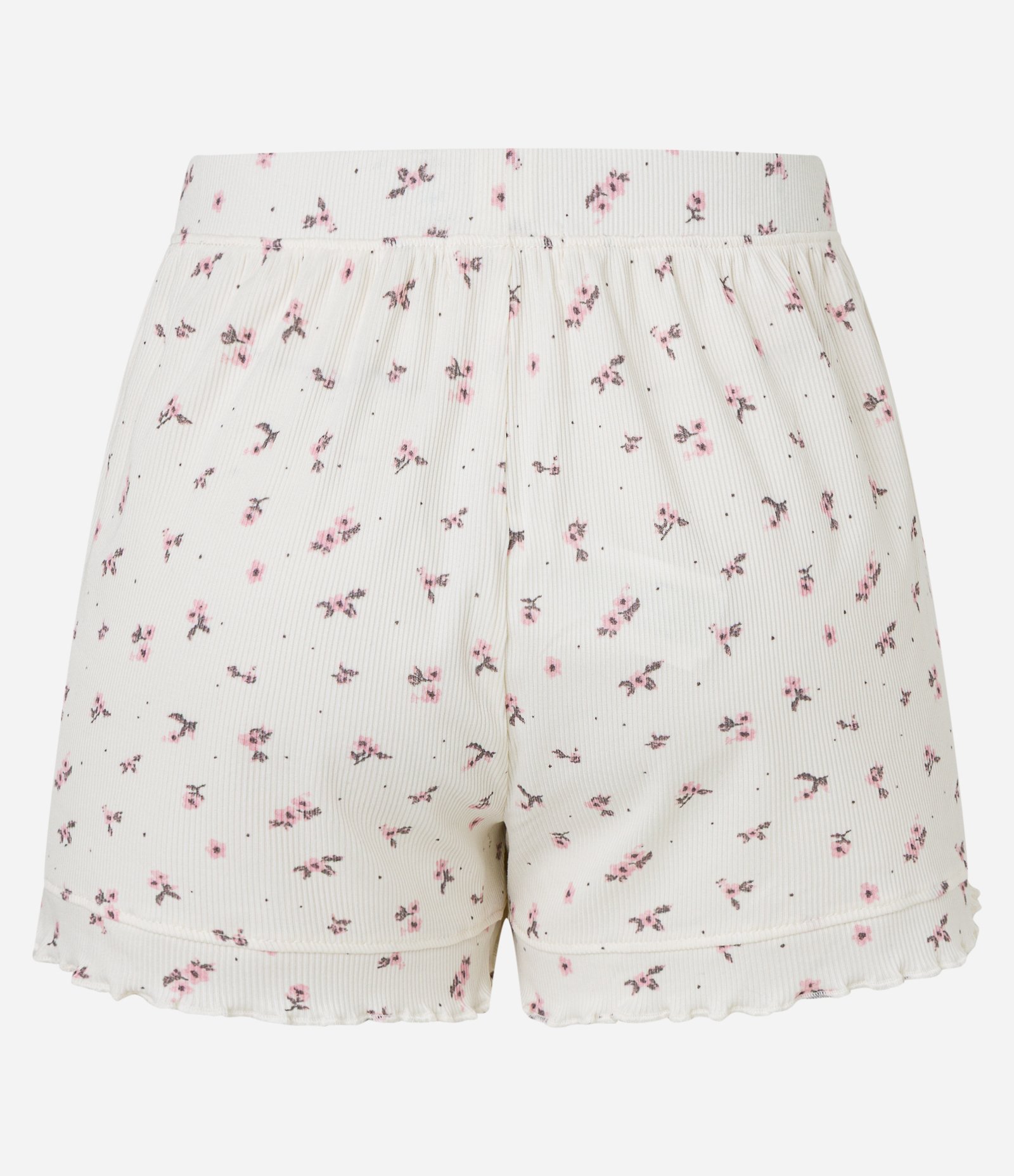 Short de Pijama em Ribana com Estampa Floral e Frufru Off White 6