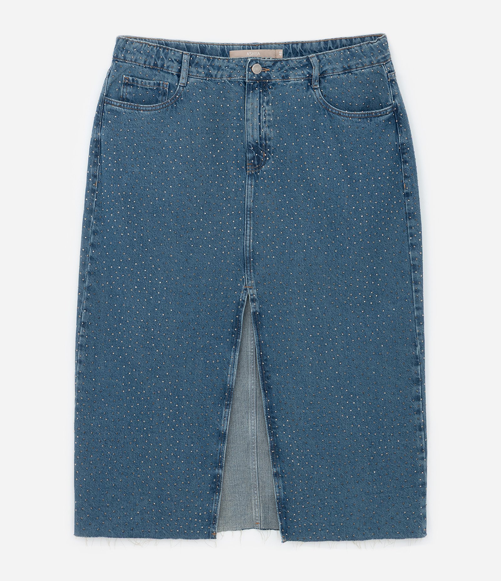 Saia Midi em Jeans com Brilhos e Fenda Curve & Plus Size Azul 6