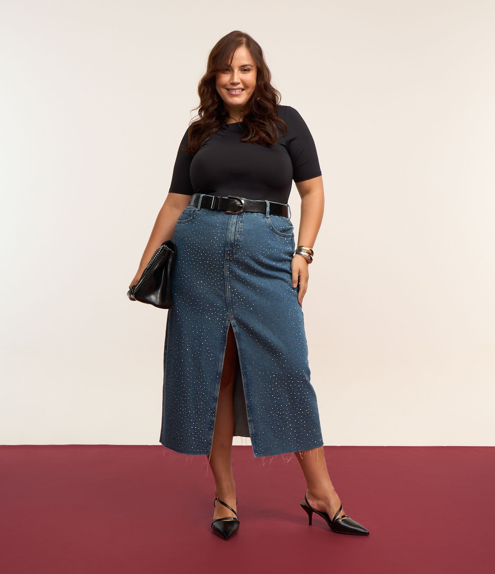 Saia Midi em Jeans com Brilhos e Fenda Curve & Plus Size Azul 1