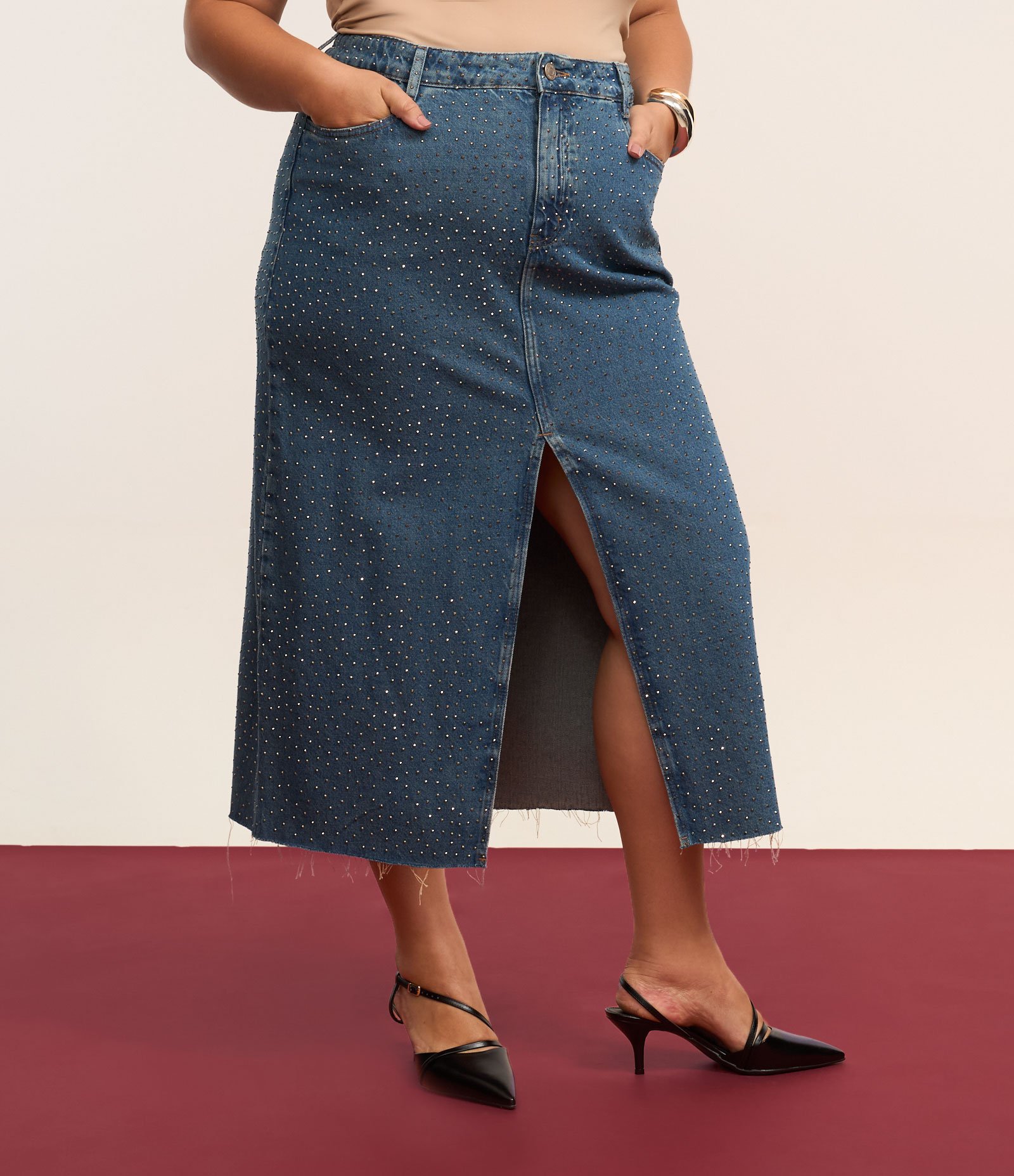 Saia Midi em Jeans com Brilhos e Fenda Curve & Plus Size Azul 2