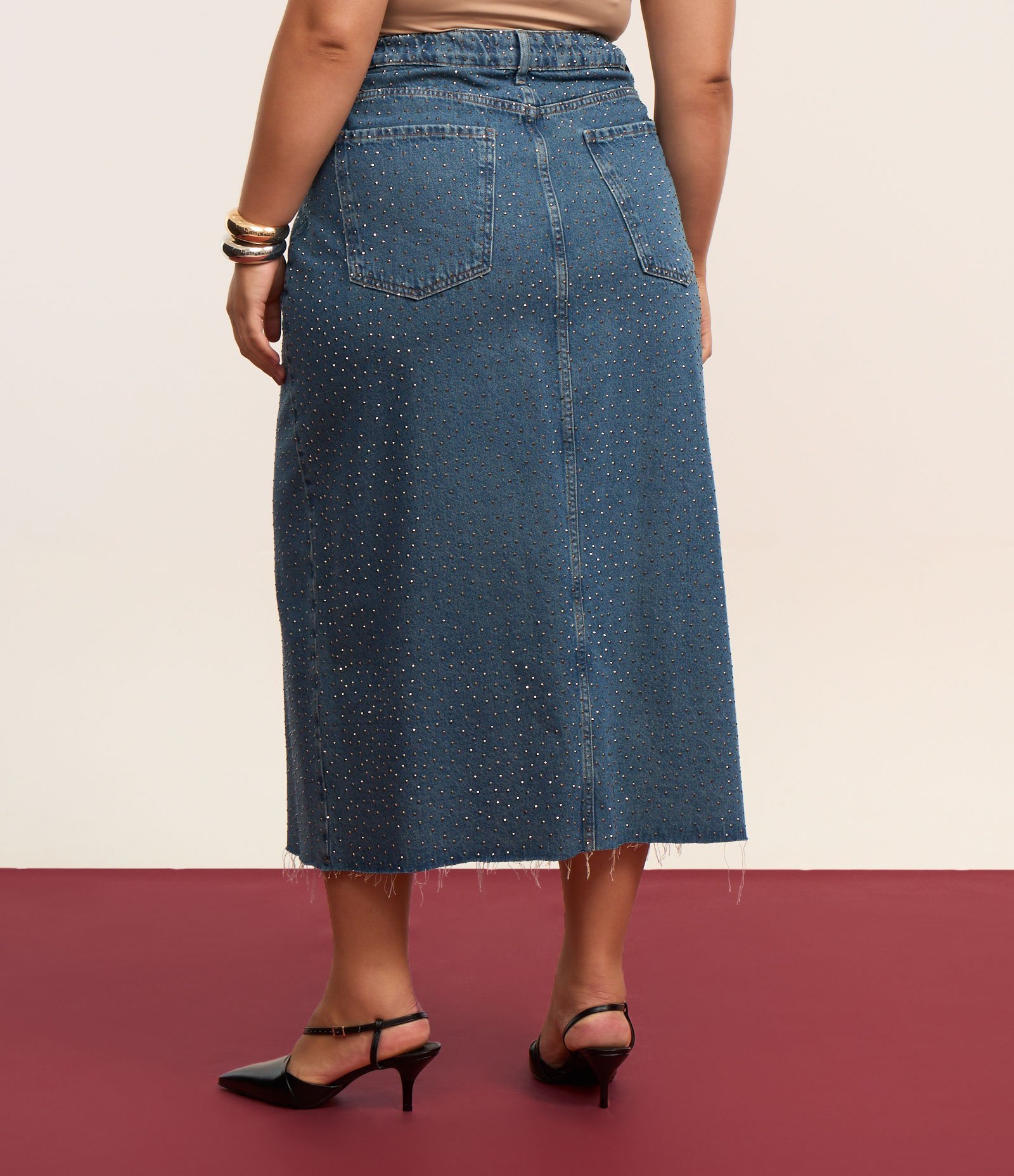 Saia Midi em Jeans com Brilhos e Fenda Curve & Plus Size Azul 3