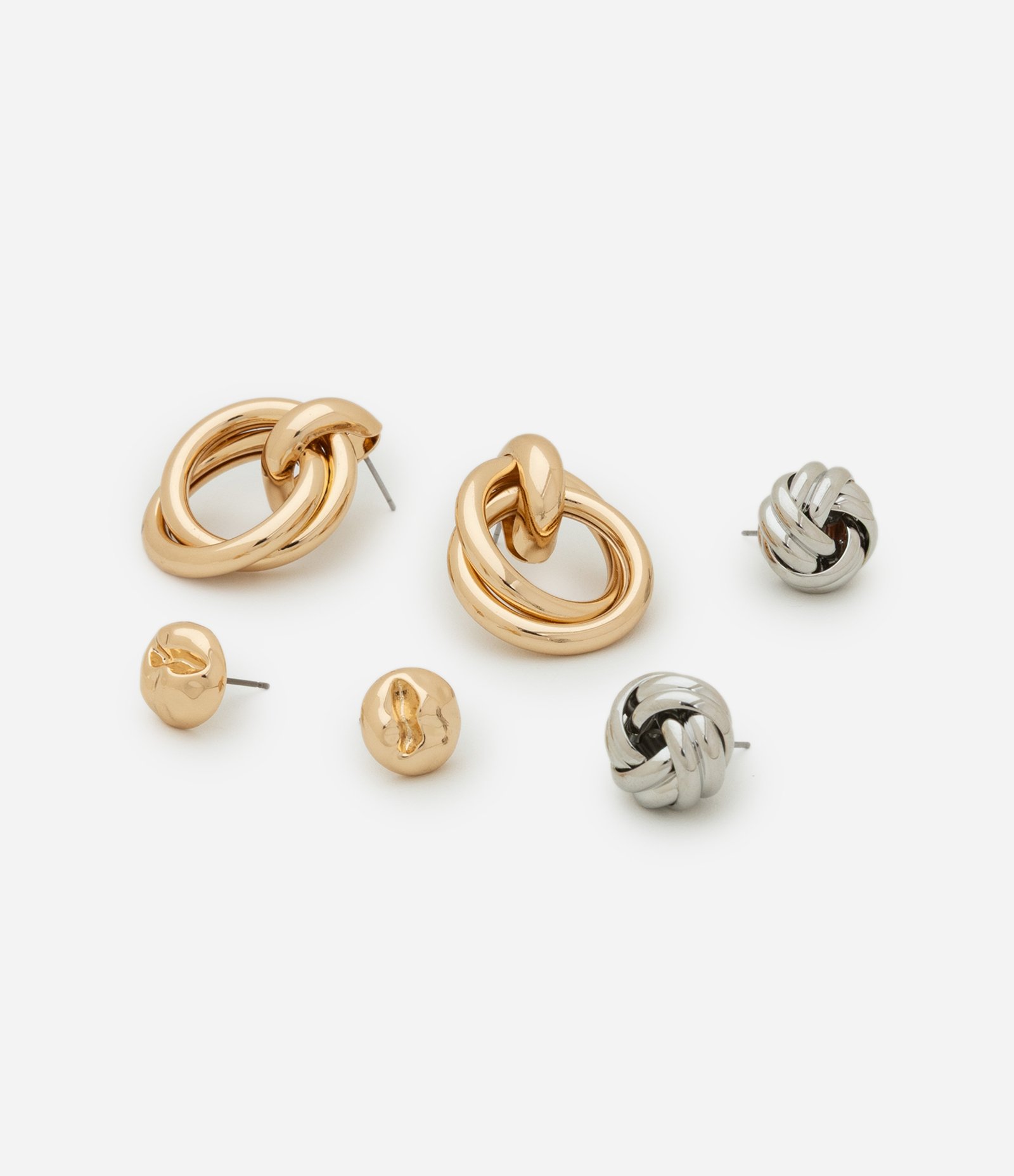 Kit 03 Brincos Botão em Metal Nó Dourado/Prata 2