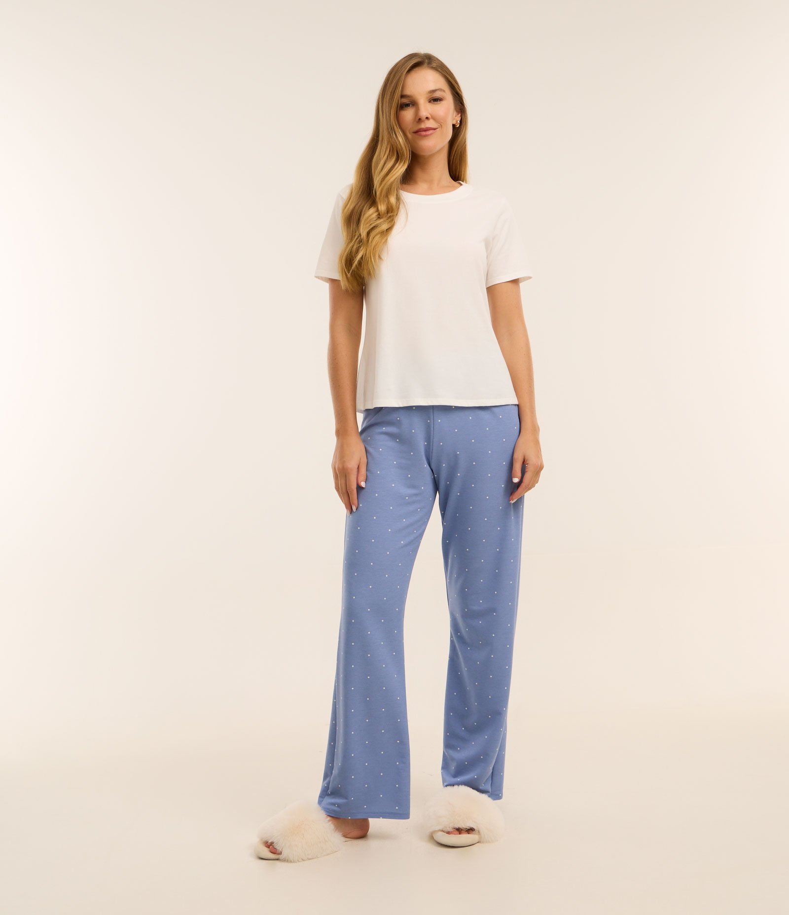 Pijama Longo em Algodão com Calça Poá Branco/Azul 1