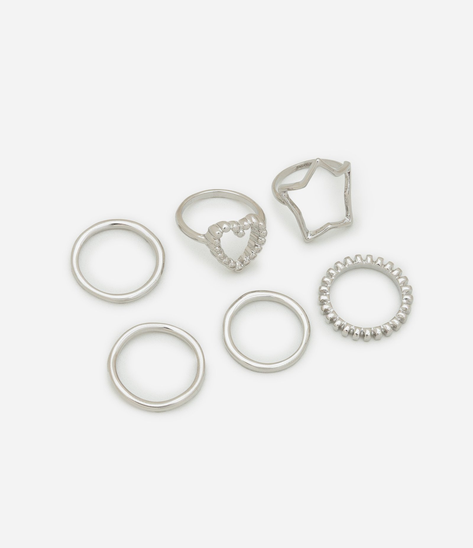 Kit 06 Anéis em Metal com Formas de Estrela Coração e Bolinhas Prata 1