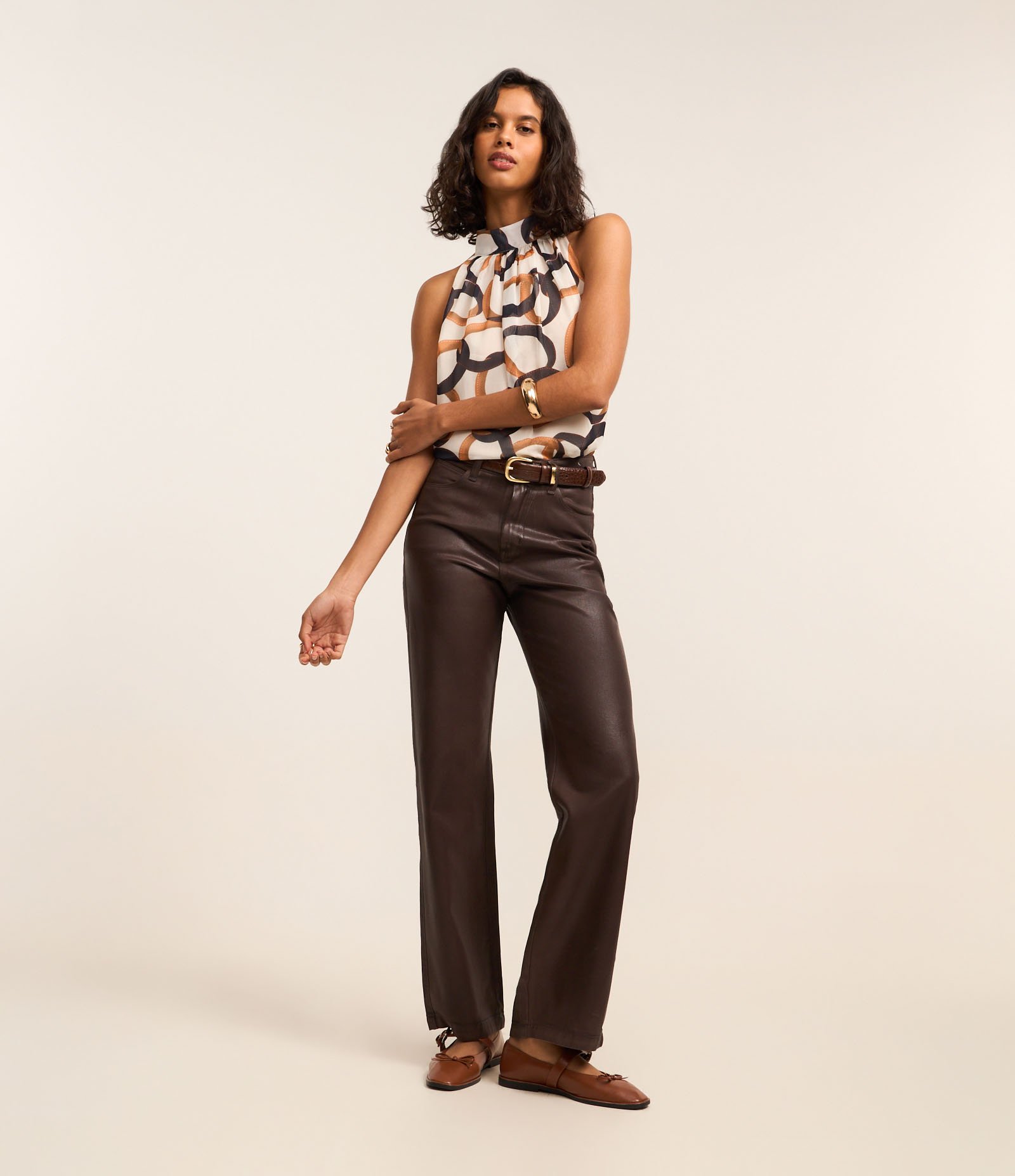 Blusa Gola Halter em Chiffon com Estampa de Elos Off White 2