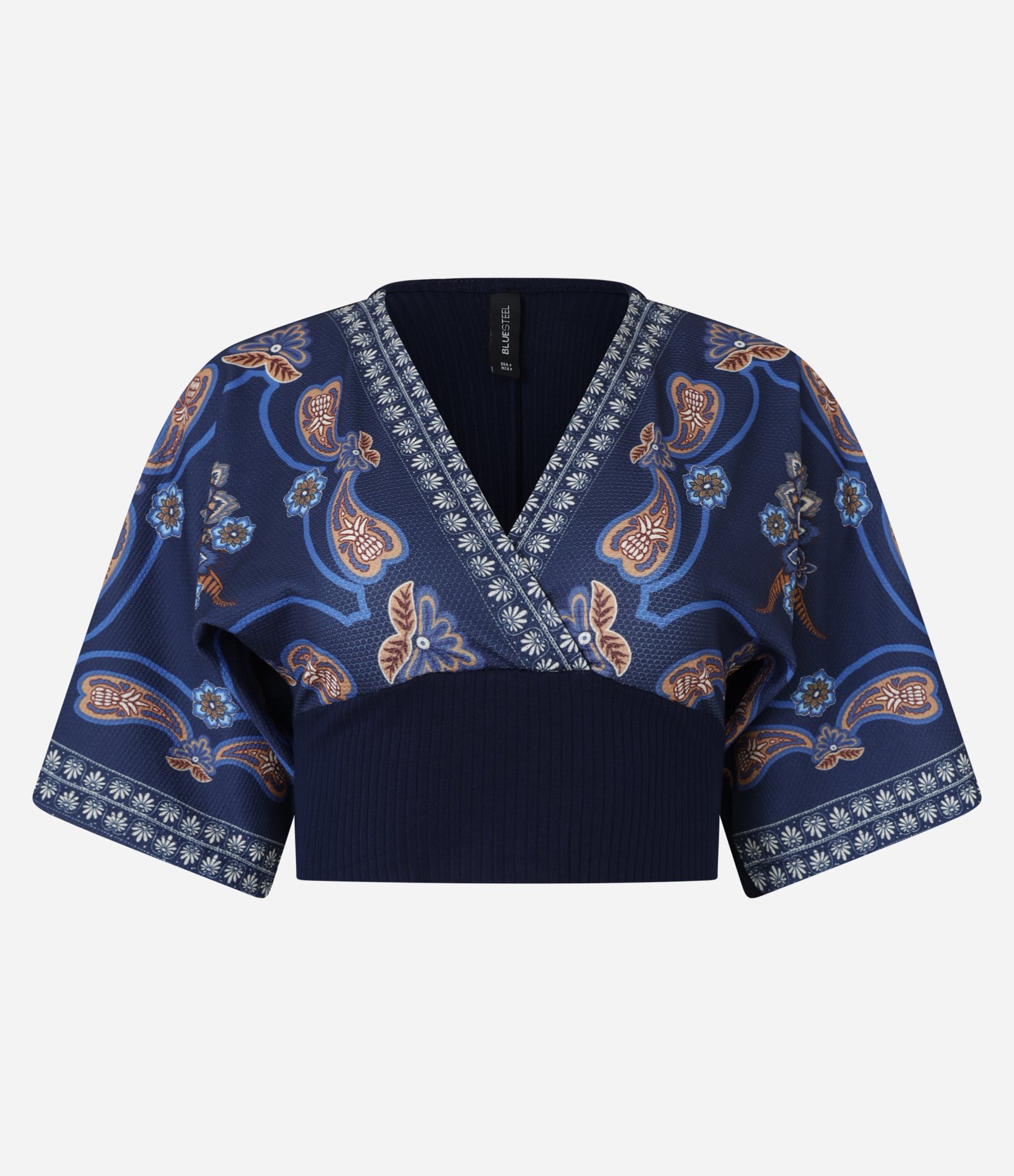 Blusa Cropped Texturizada com Decote Transpassado e Estampa Paisley Azul Marinho 4