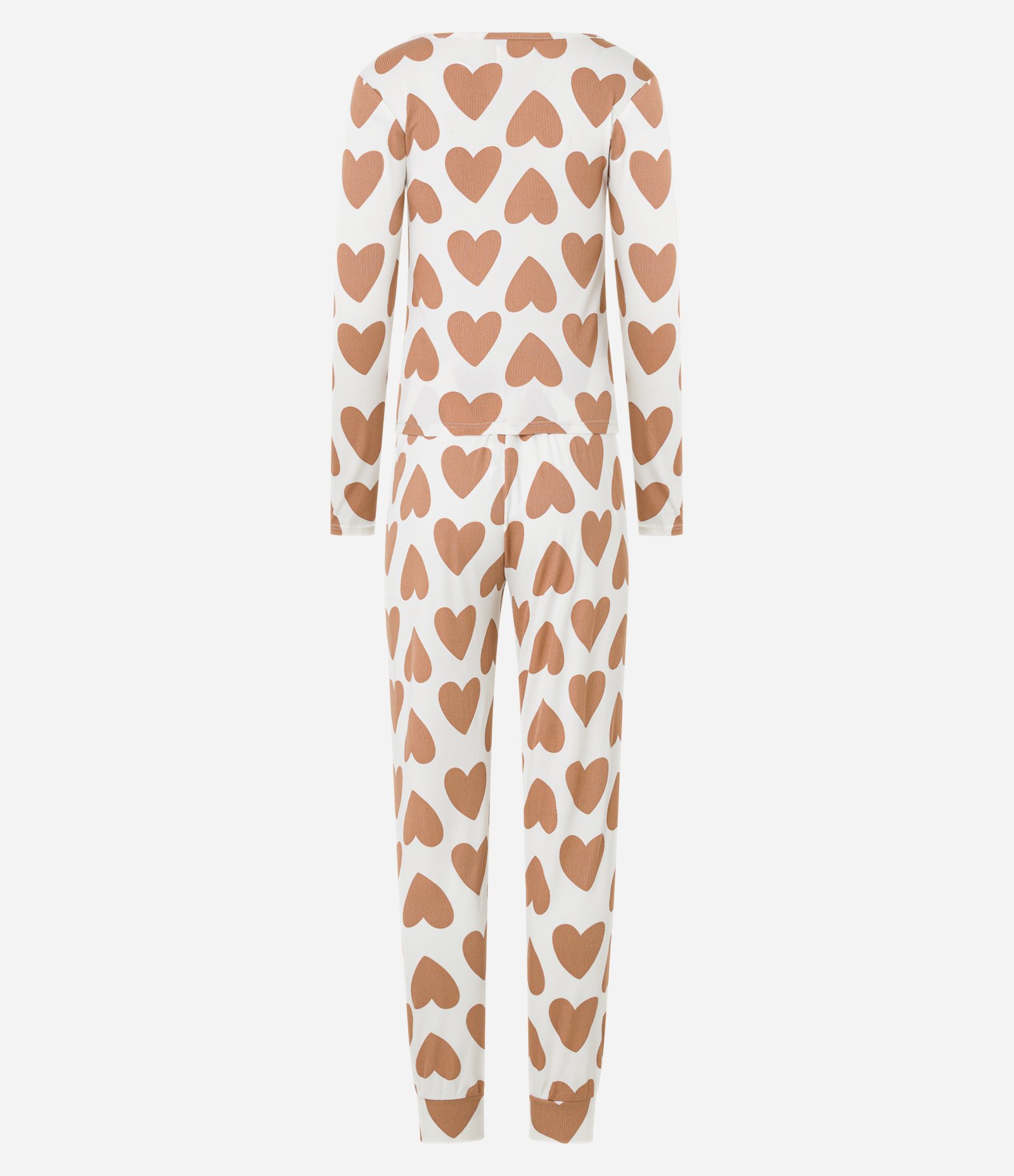Pijama Longo Canelado com Estampa de Corações Bege 5