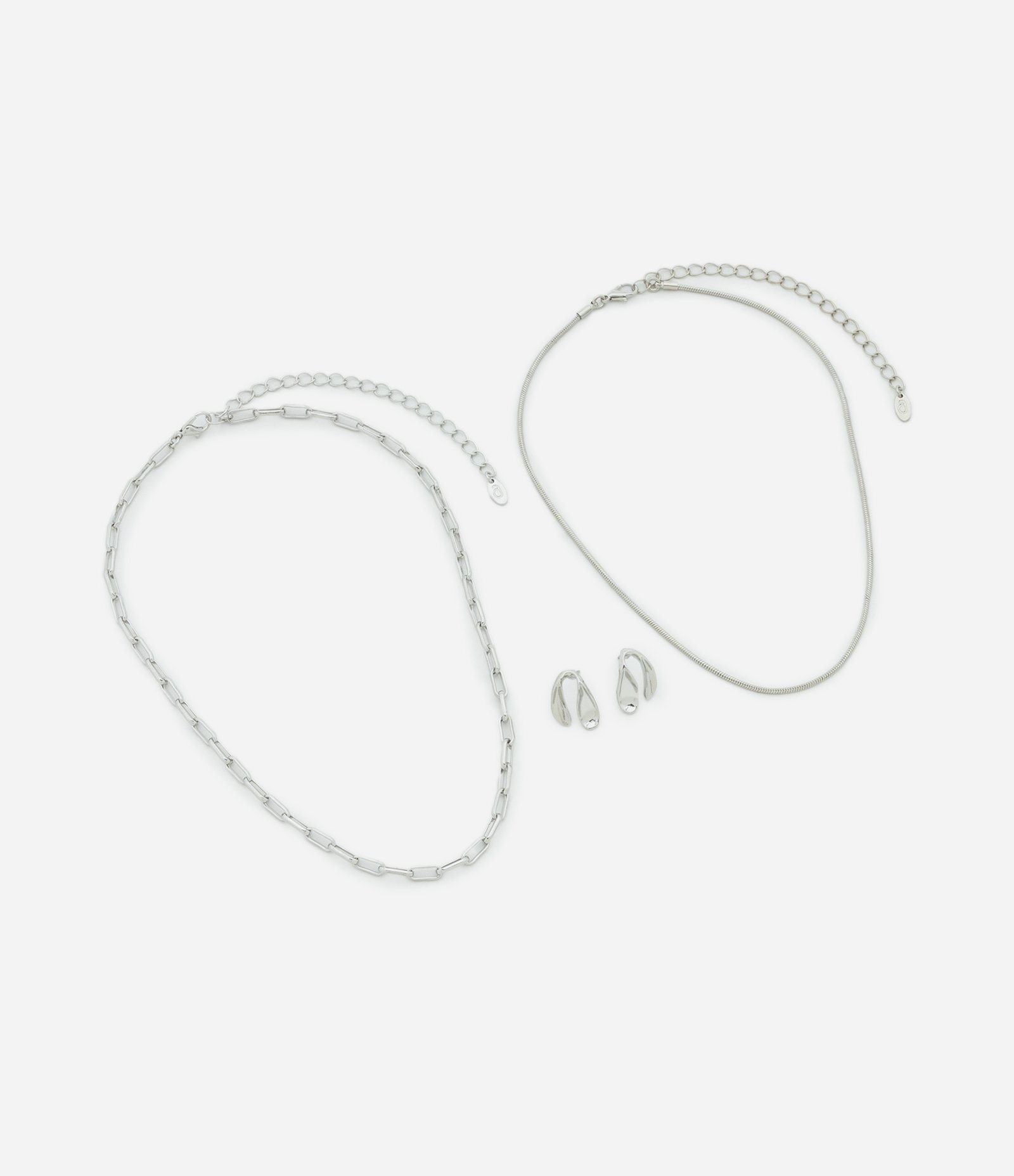 Conjunto de Colar e Brinco Metal Liso colar camadas 1 rabo de rato redondo e 1 elos finos e brinco pequeno u invertido AE_SS25_CJT_0008A Prata 2