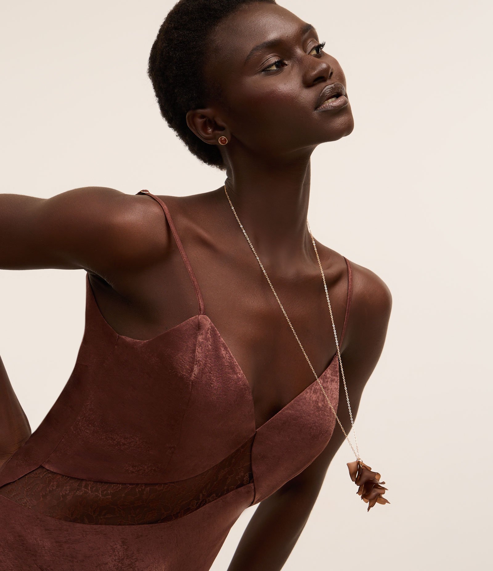 Conjunto de Colar e Brinco em Resina com Pingente de Pétalas Dourado/Marrom 1