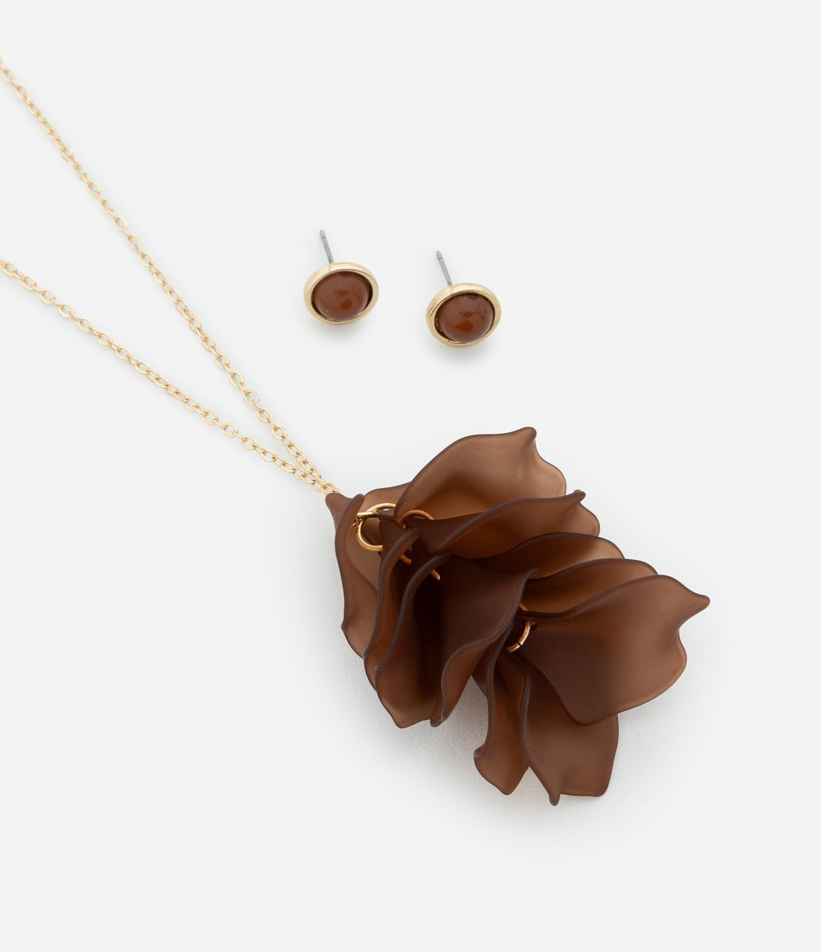 Conjunto de Colar e Brinco em Resina com Pingente de Pétalas Dourado/Marrom 2