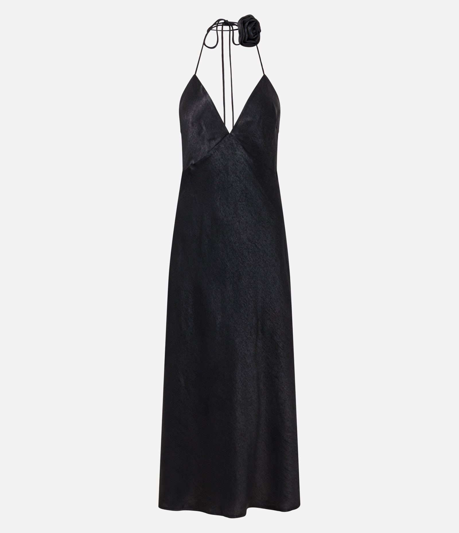 Vestido Longo em Cetim Frente Única com Flor no Pescoço Preto 6