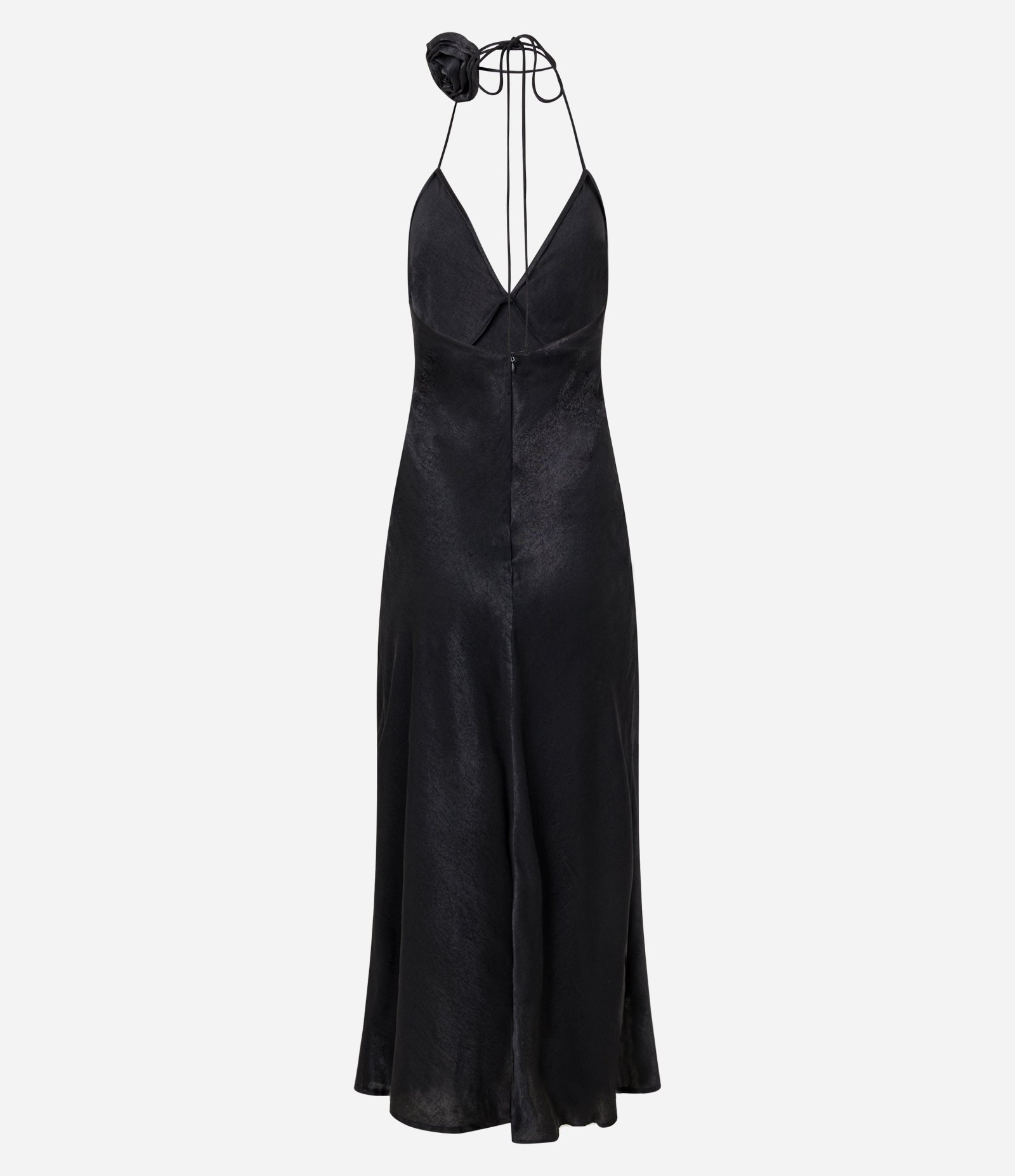 Vestido Longo em Cetim Frente Única com Flor no Pescoço Preto 7
