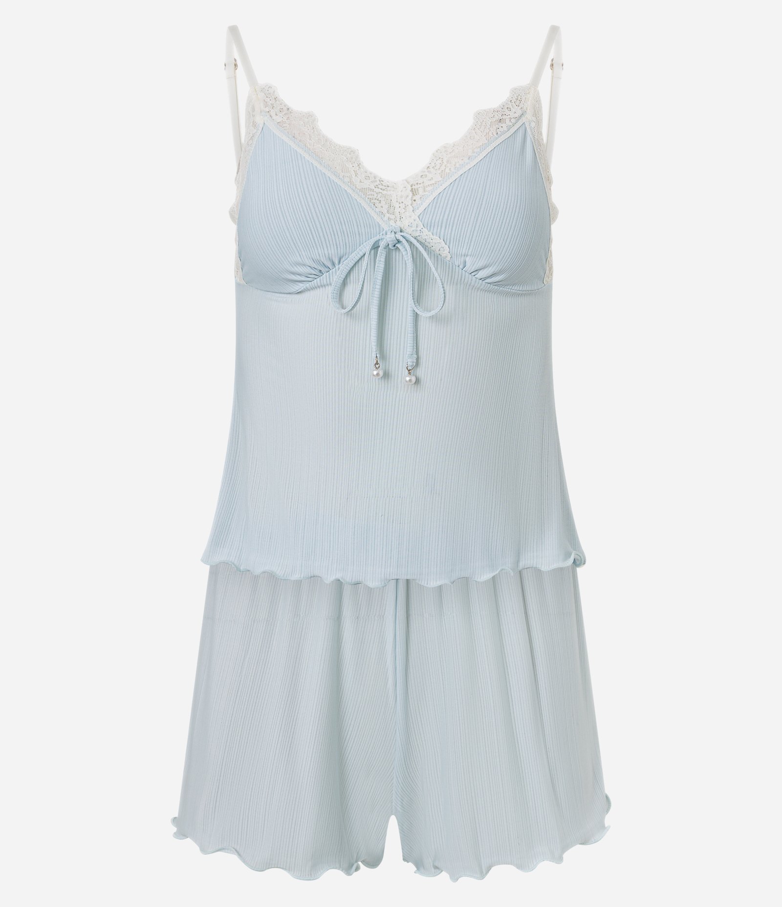 Pijama Short Doll Canelado com Renda e Amarração Azul 4