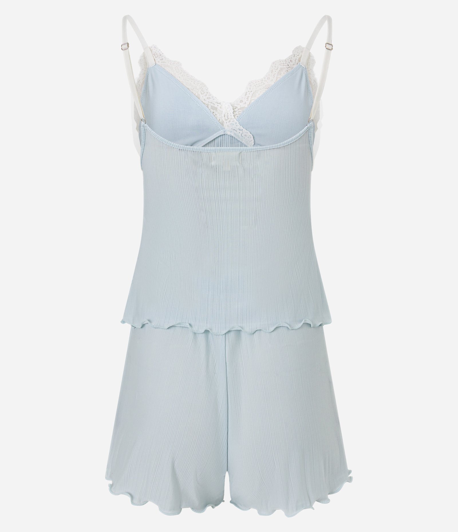 Pijama Short Doll Canelado com Renda e Amarração Azul 6