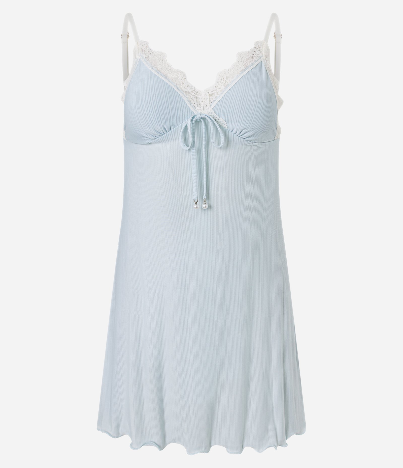 Camisola Curta Canelada com Rendas e Amarração Azul 4