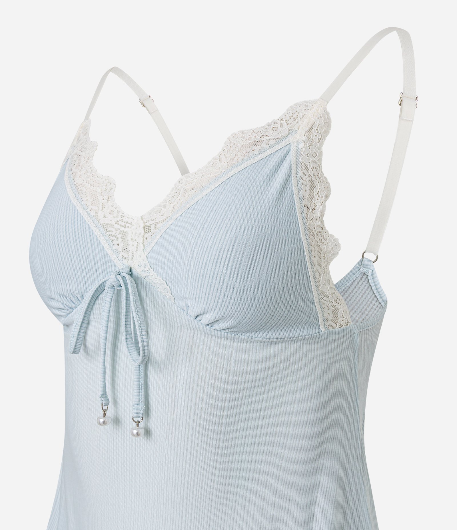 Camisola Curta Canelada com Rendas e Amarração Azul 5