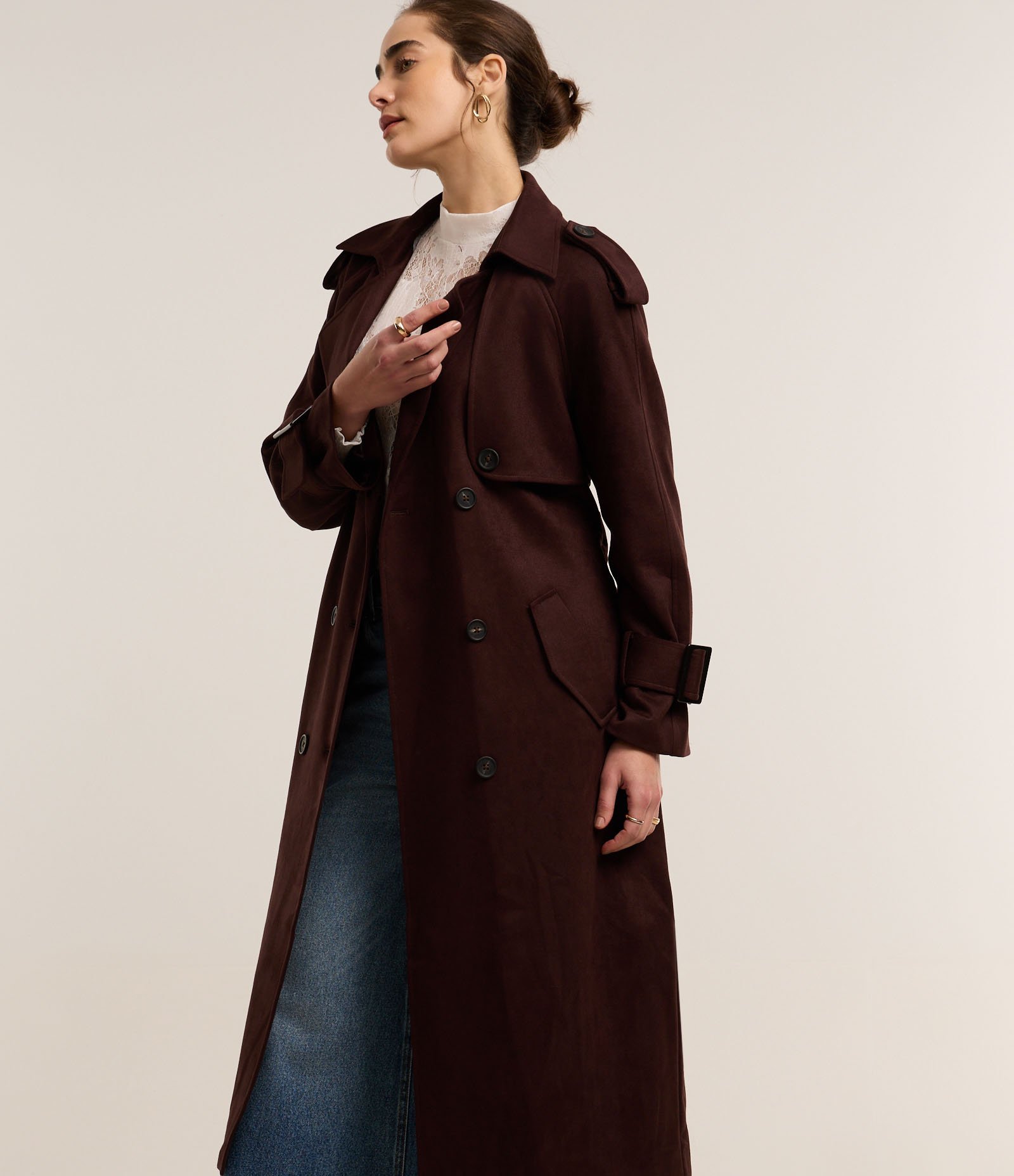 Trench Coat com Cinto Afivelado e Fivela no Punho Marrom 3