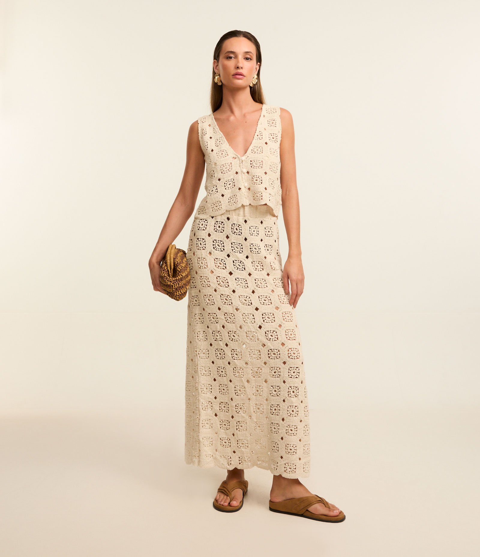 Saía de Praia Saia em Renda de Algodão Bege 1