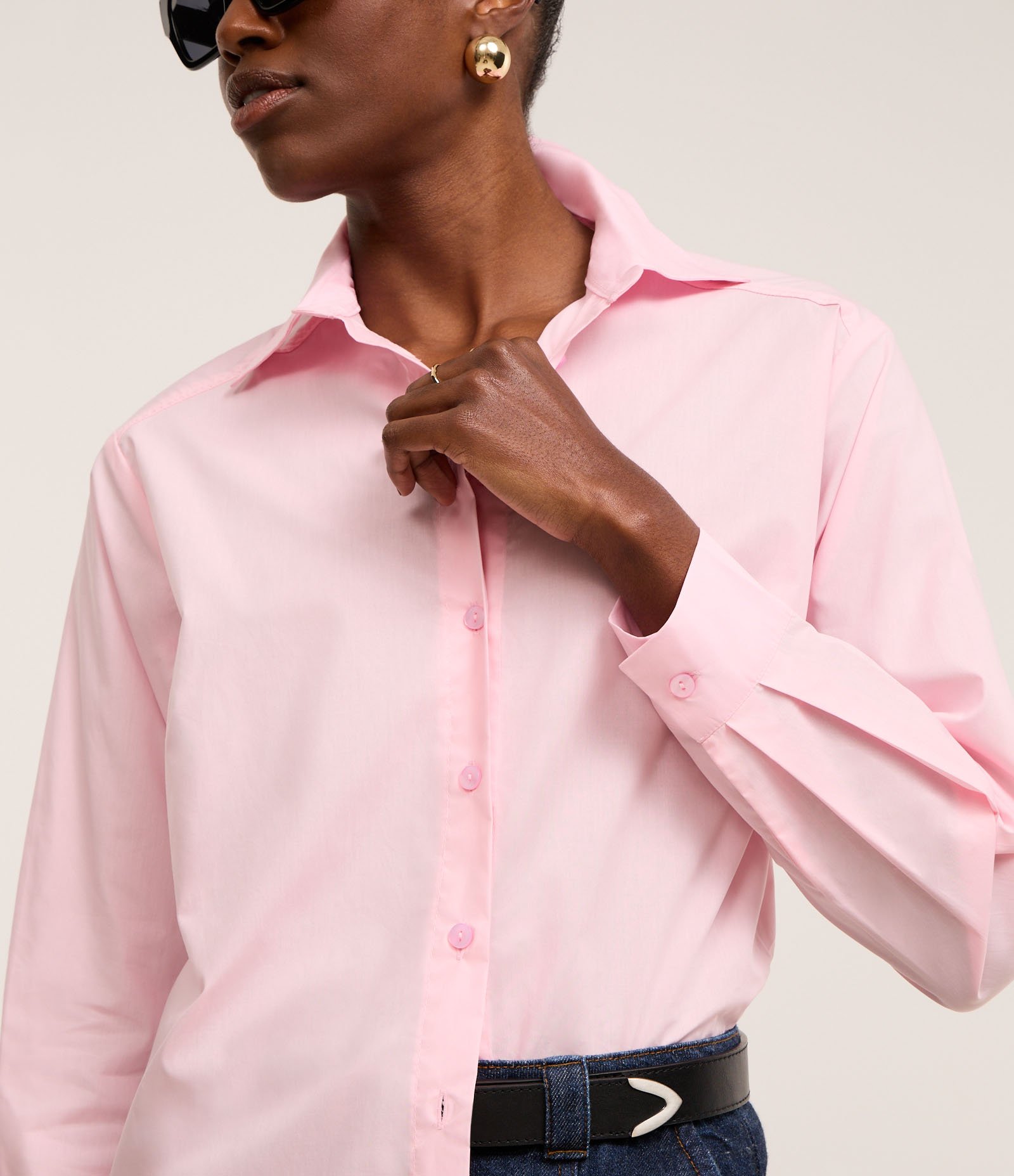Camisa Oversized em Tricoline com Fio Tinto e Botões Rosa 1