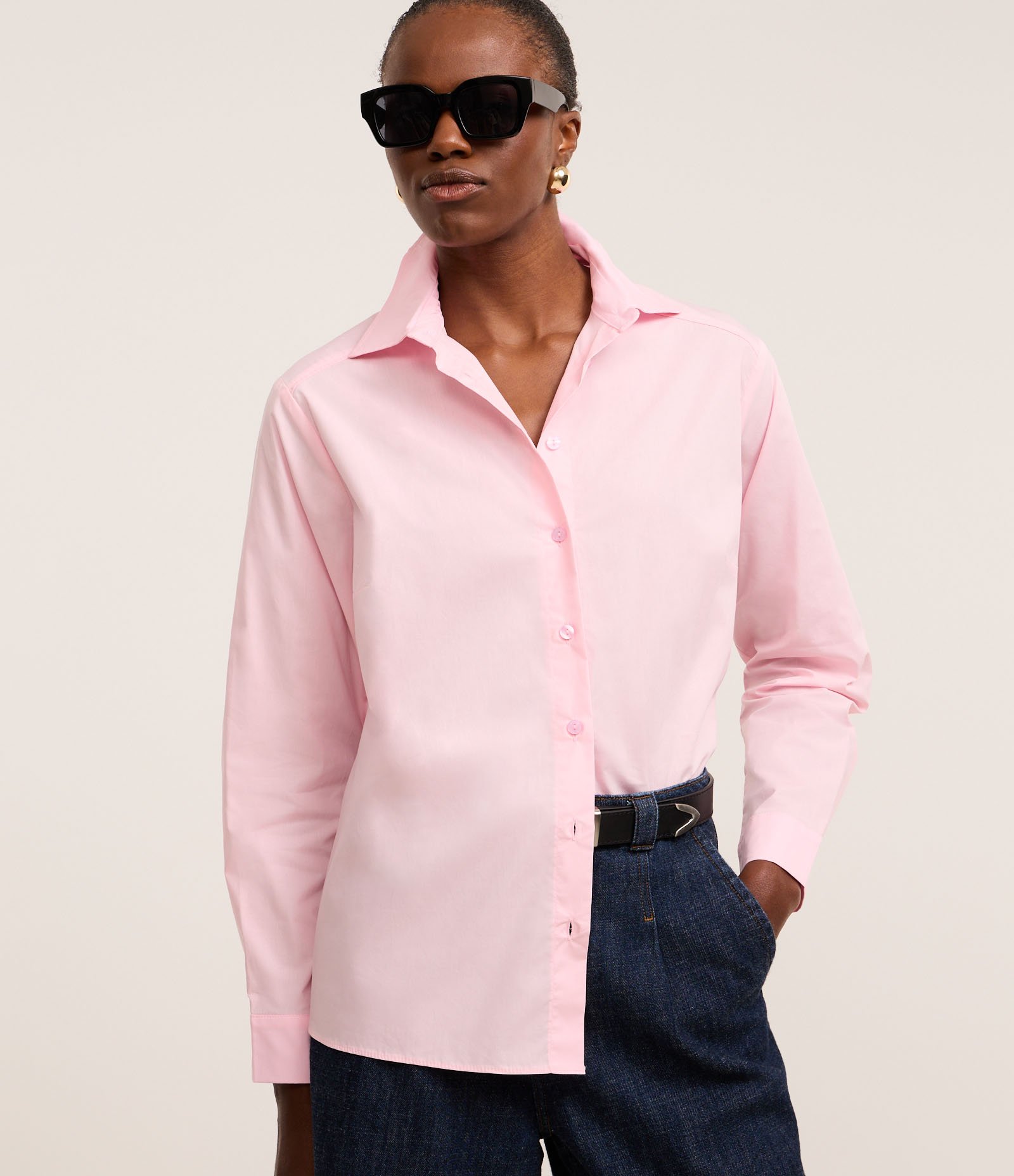 Camisa Oversized em Tricoline com Fio Tinto e Botões Rosa 2