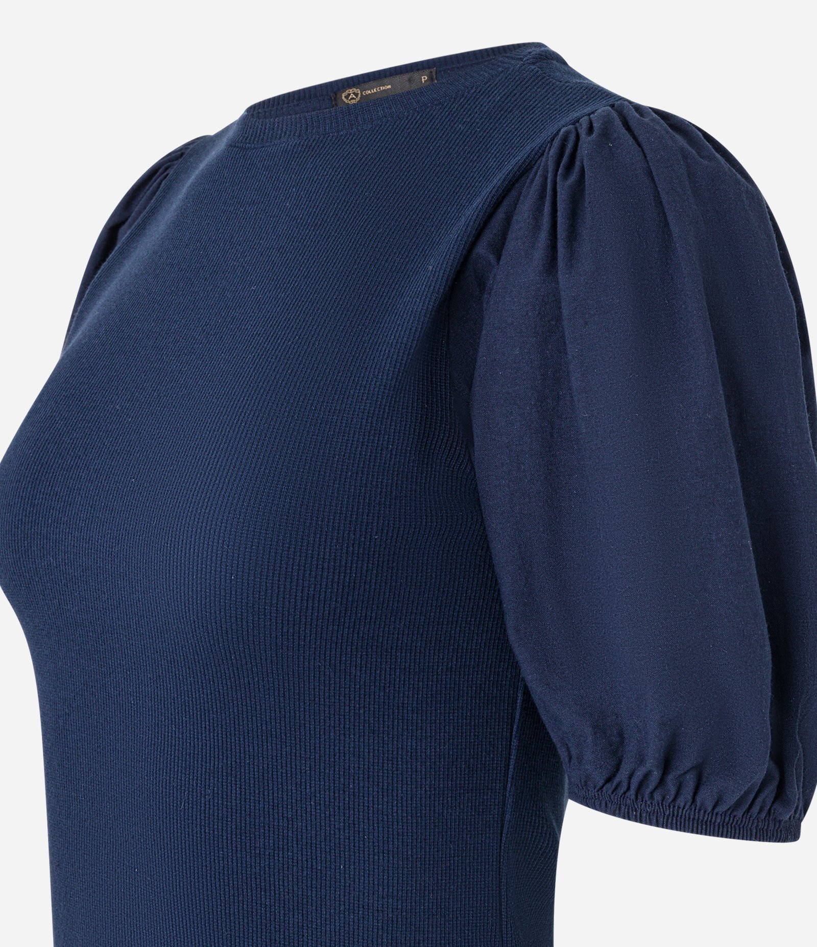 Blusa em Ribana e Tricoline com Manga Bufante Azul Marinho 7