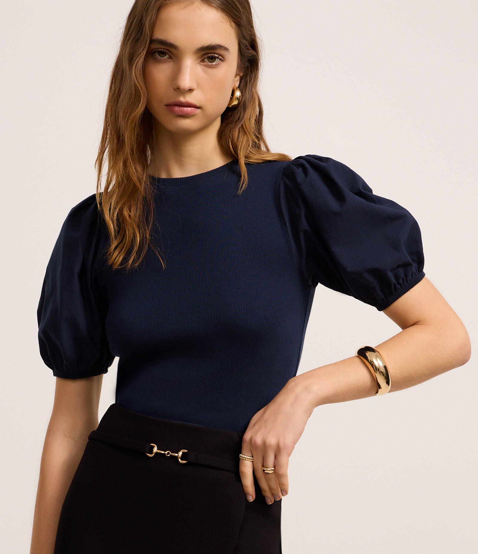 Blusa em Ribana e Tricoline com Manga Bufante Azul Marinho 1