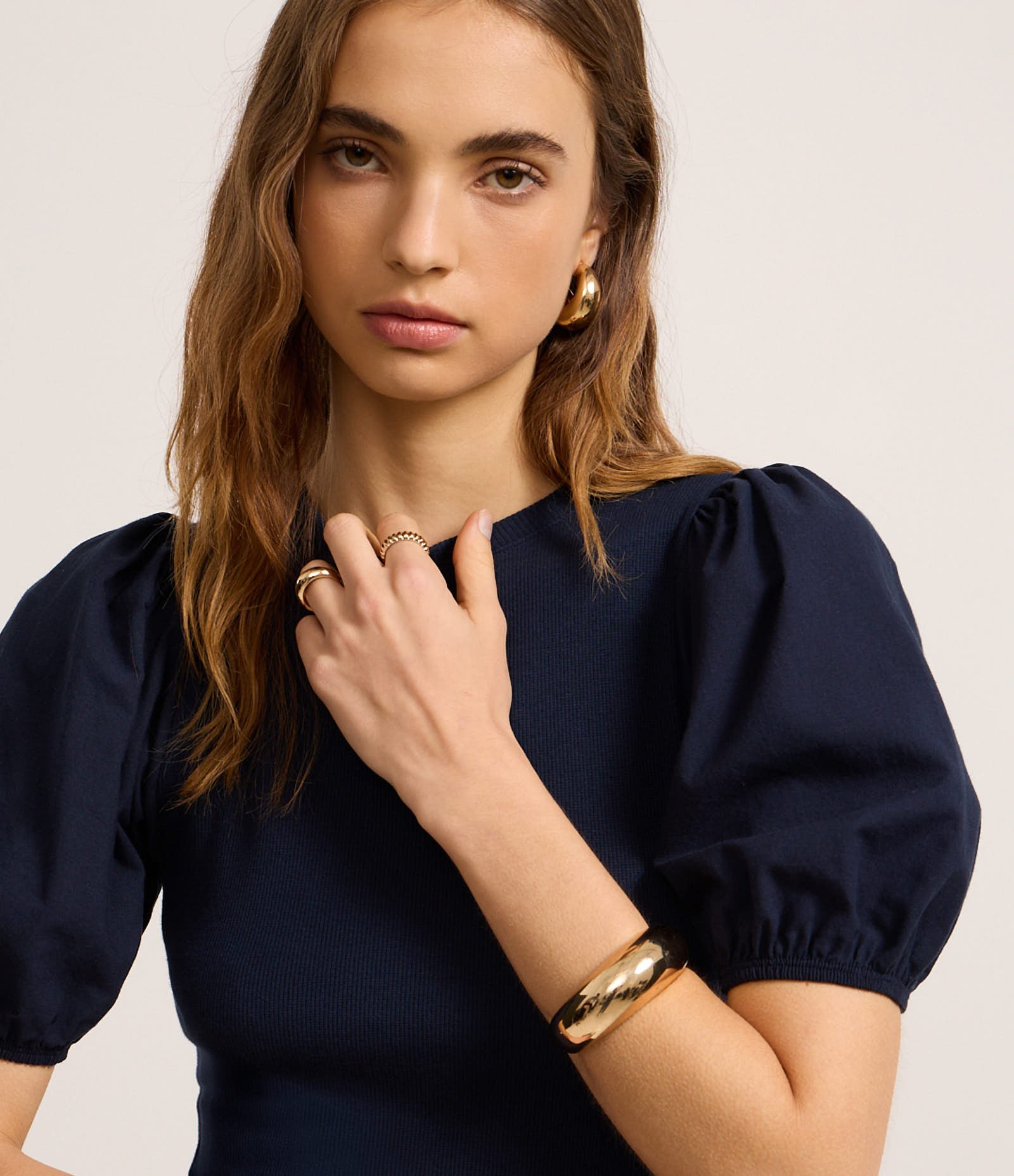 Blusa em Ribana e Tricoline com Manga Bufante Azul Marinho 3